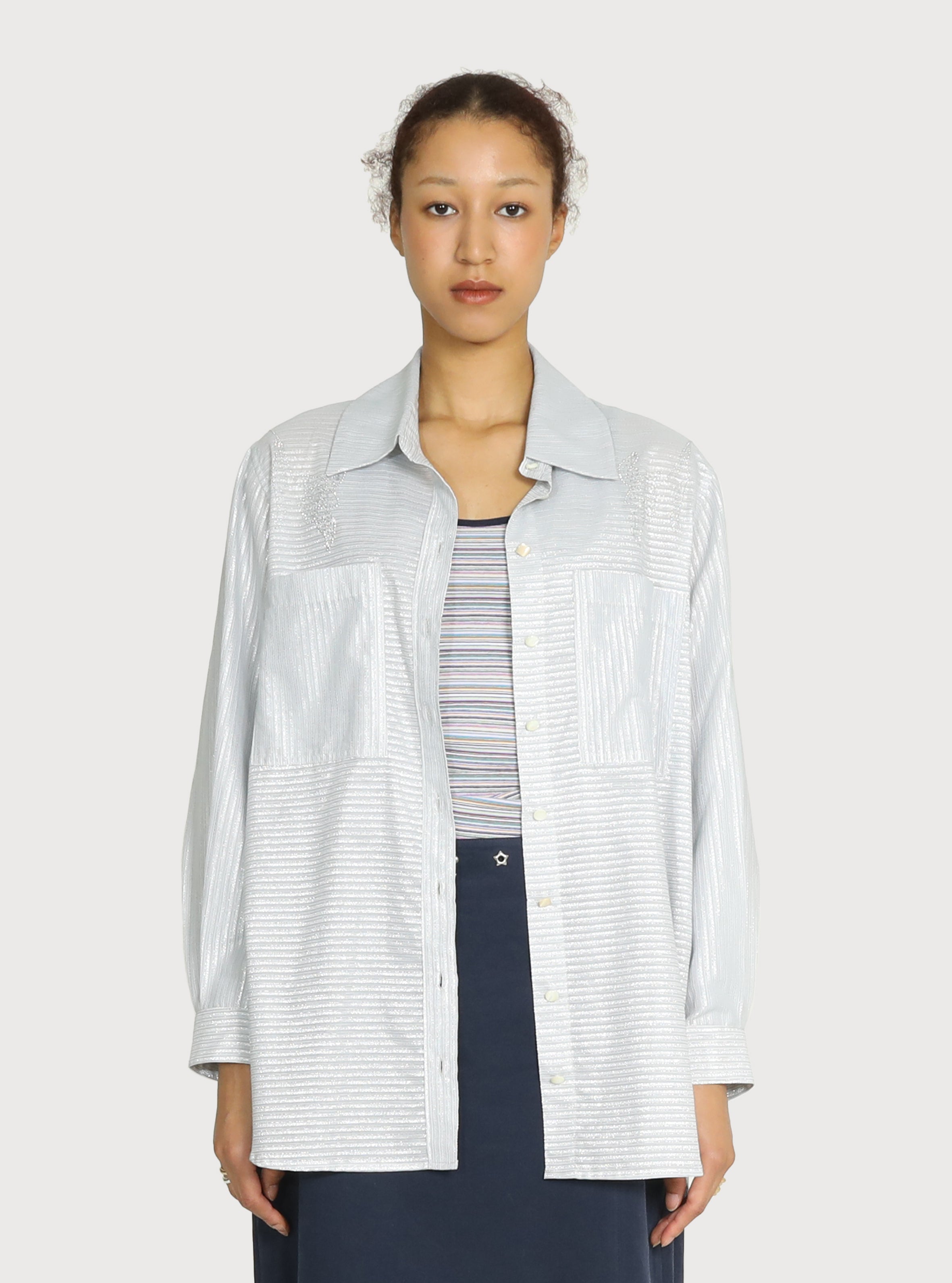 METALIC STRIPE MOTIF SHIRT_SILVER