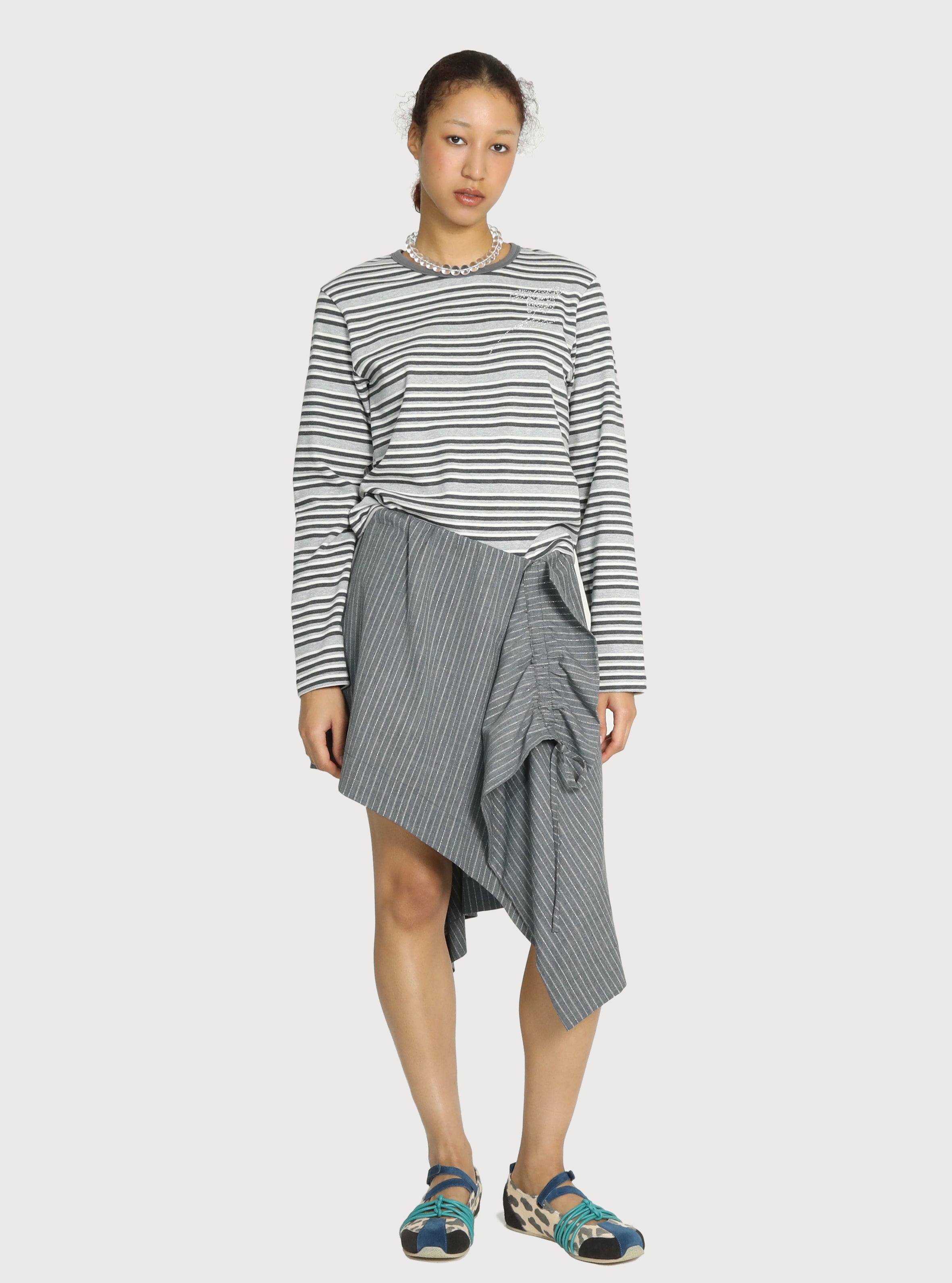 JUPE À RAYURES METALLIQUES EN LAINE_GRIS
