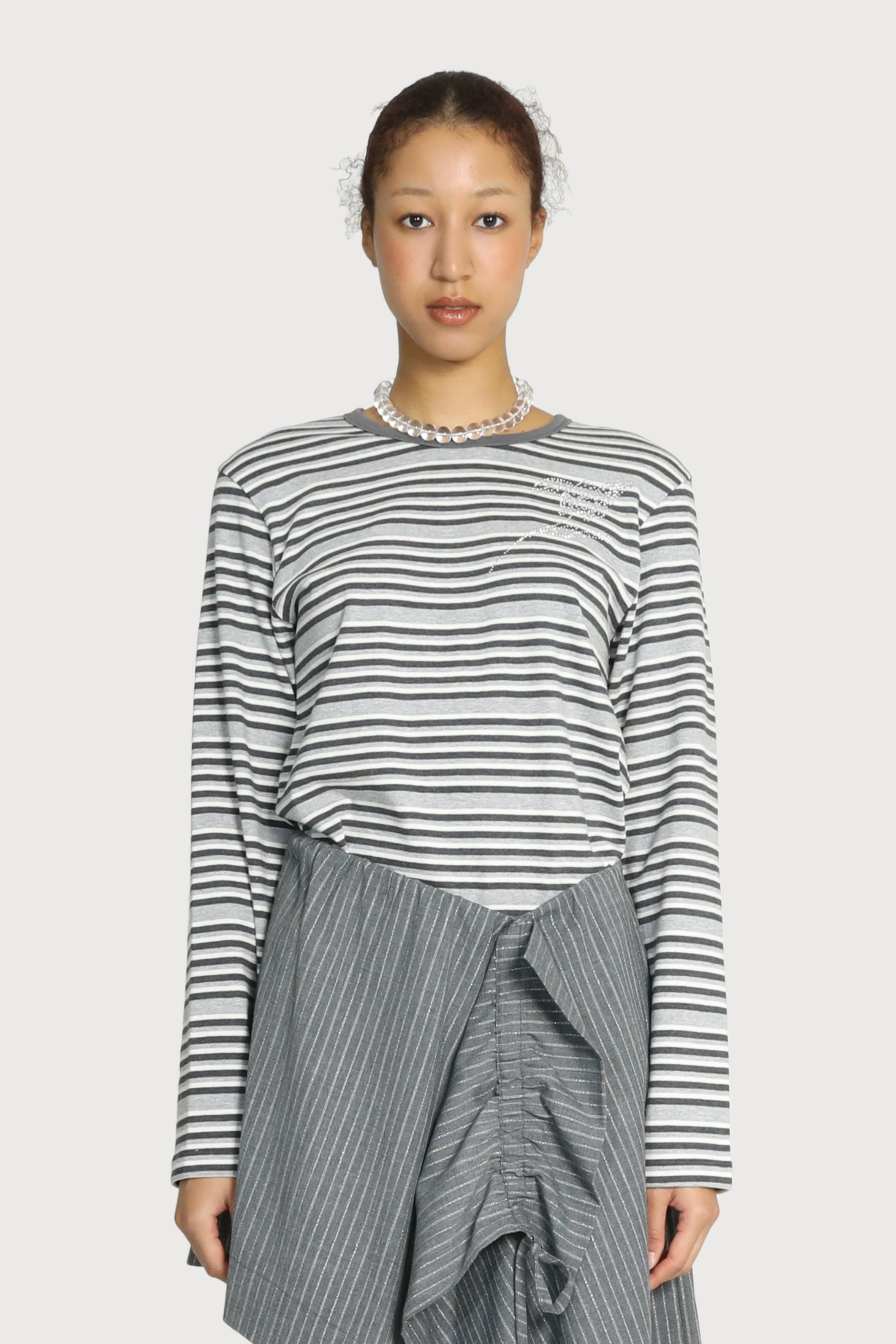 MOTIF STRIPE COTTON TOP_GREY