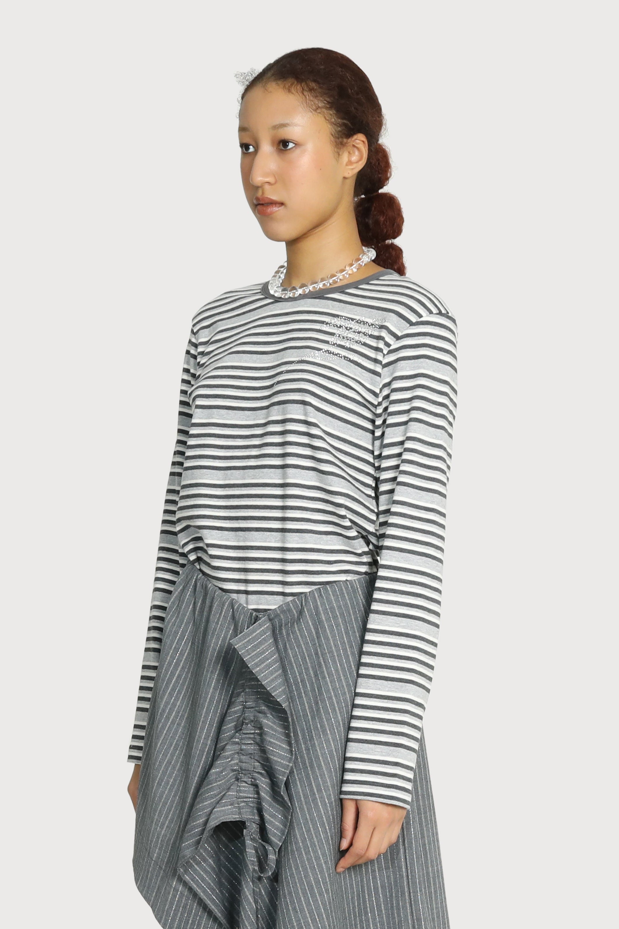 MOTIF STRIPE COTTON TOP_GREY