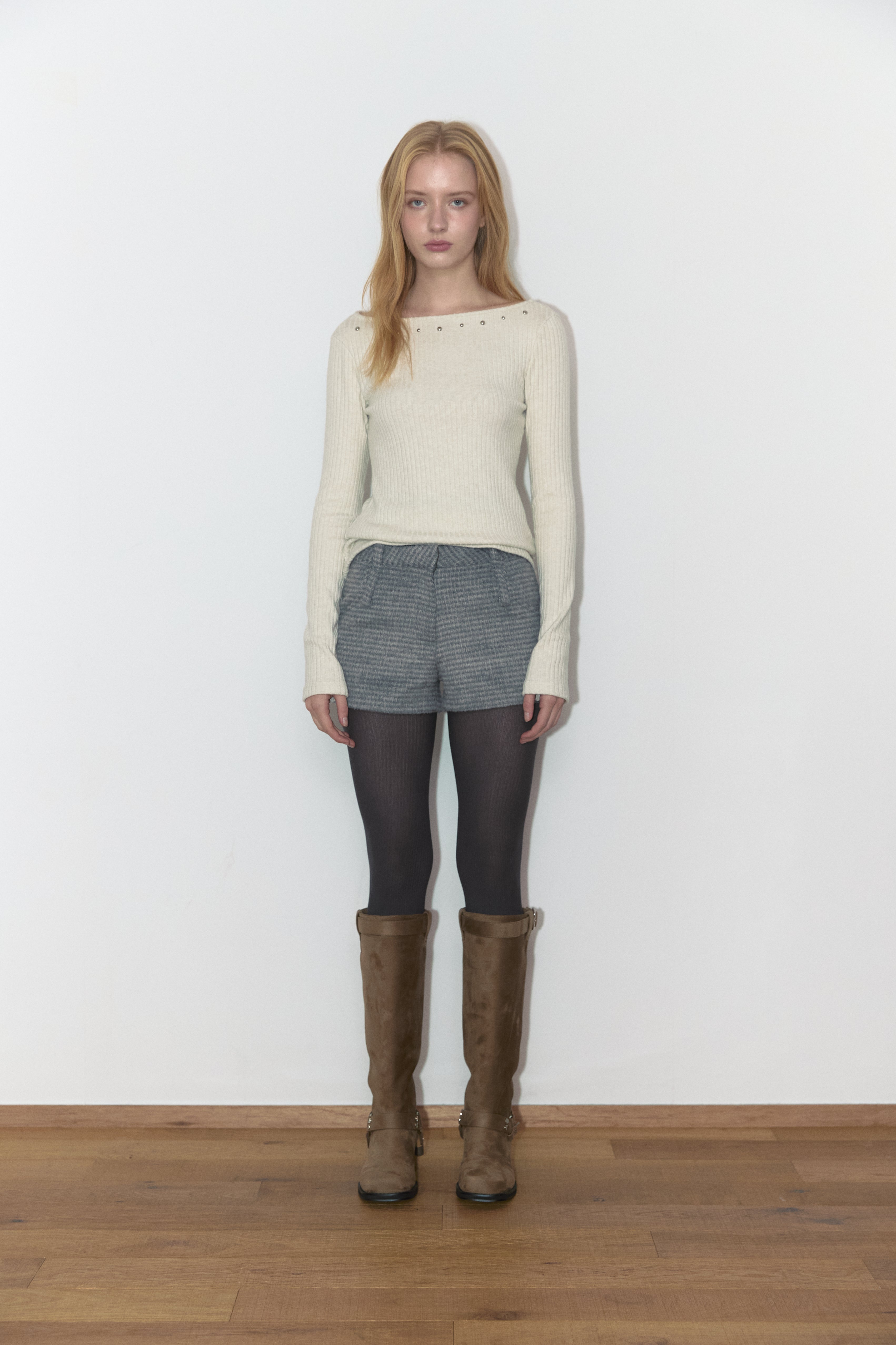 DOUBLE BELT WOOL MICRO PANTS_GREY CHECK