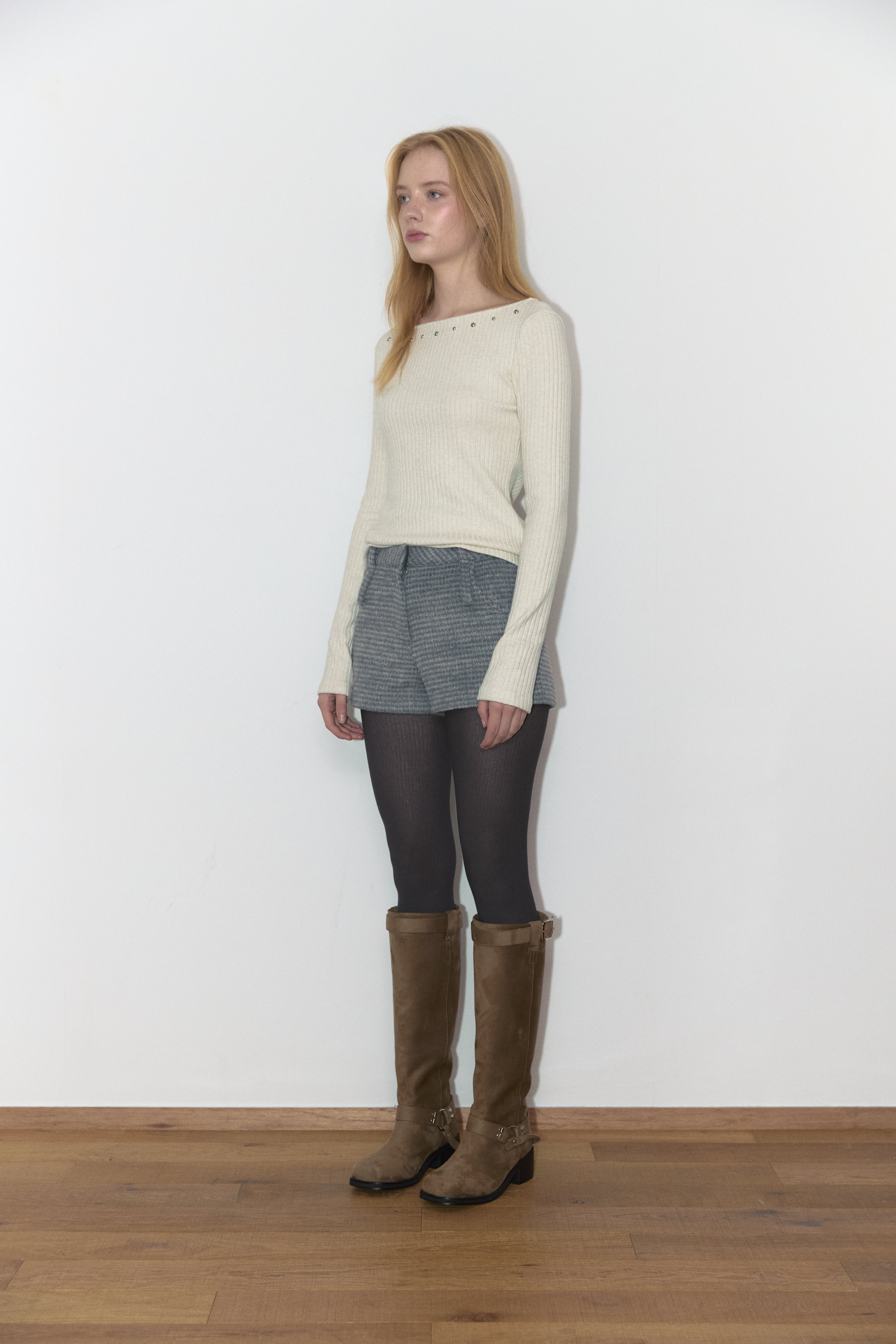 DOUBLE BELT WOOL MICRO PANTS_GREY CHECK