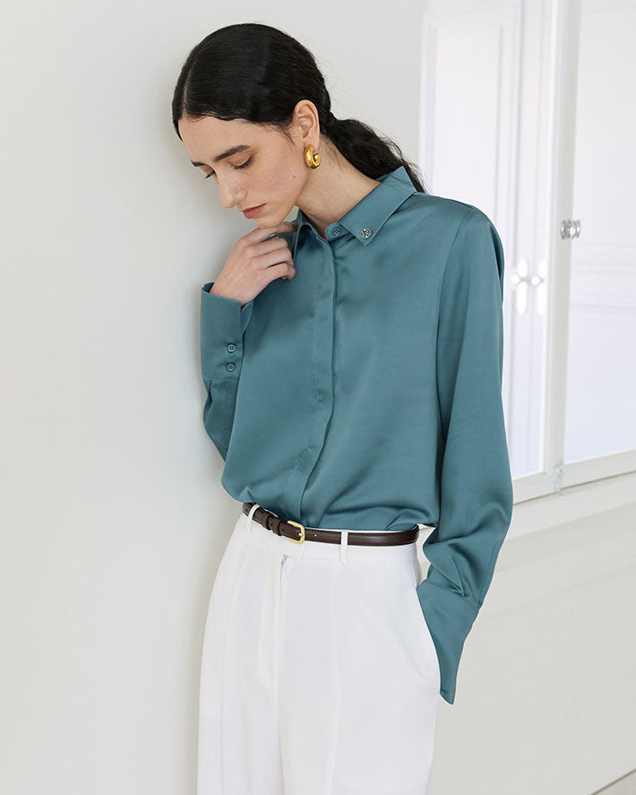 BLOUSE FLUIDE EN SATIN_BLEU