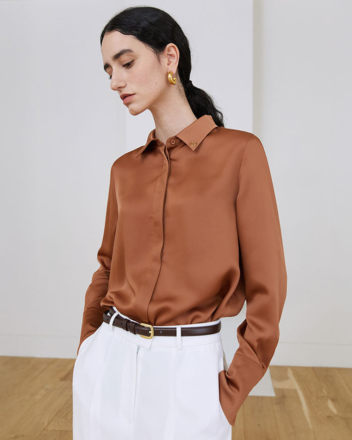 BLOUSE FLUIDE EN SATIN_BRIQUE