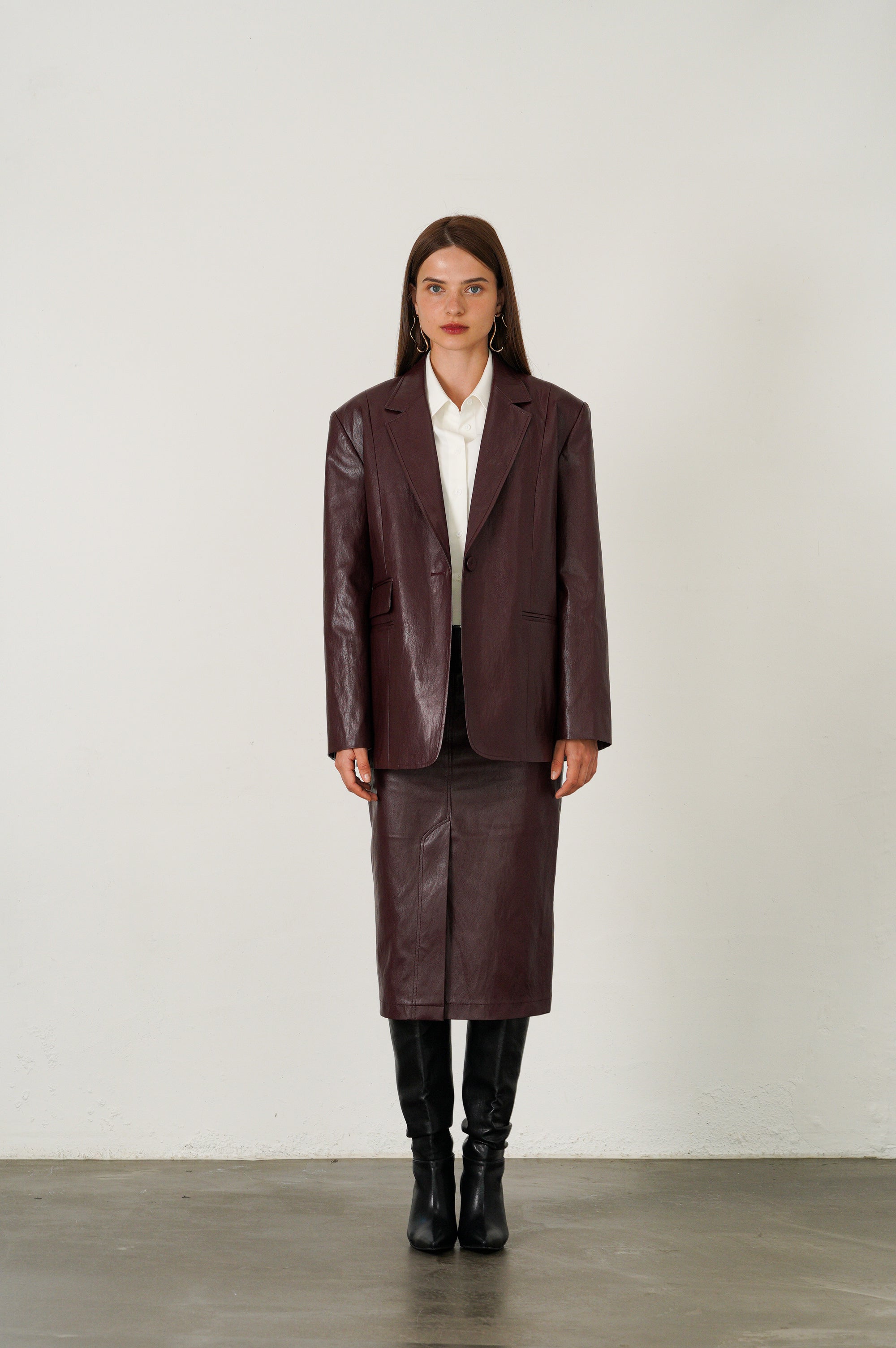 VESTE OVERSIZE CLASSIQUE EN SIMILI CUIR À BOUTON_BRUN ROUGE