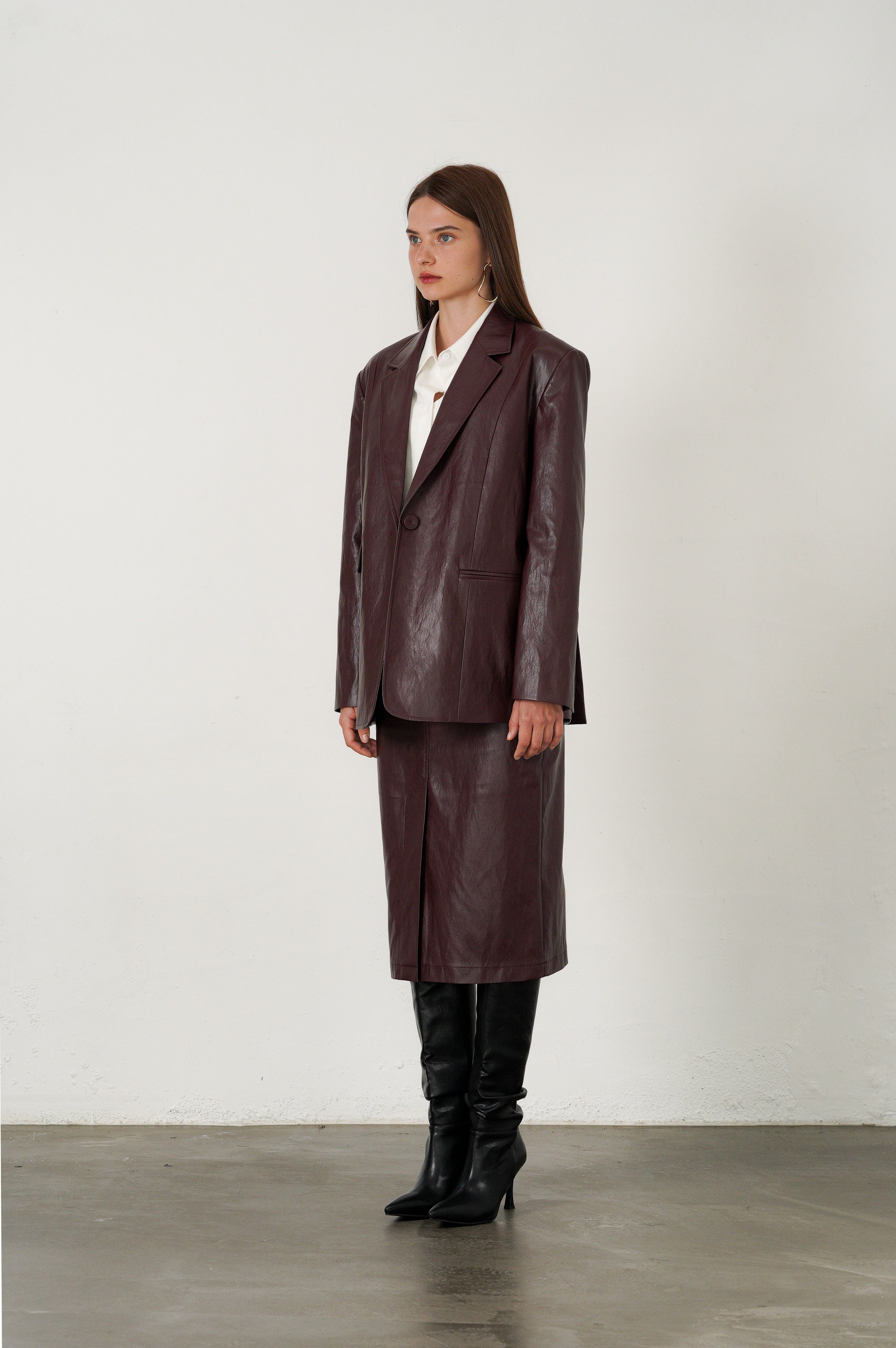 VESTE OVERSIZE CLASSIQUE EN SIMILI CUIR À BOUTON_BRUN ROUGE