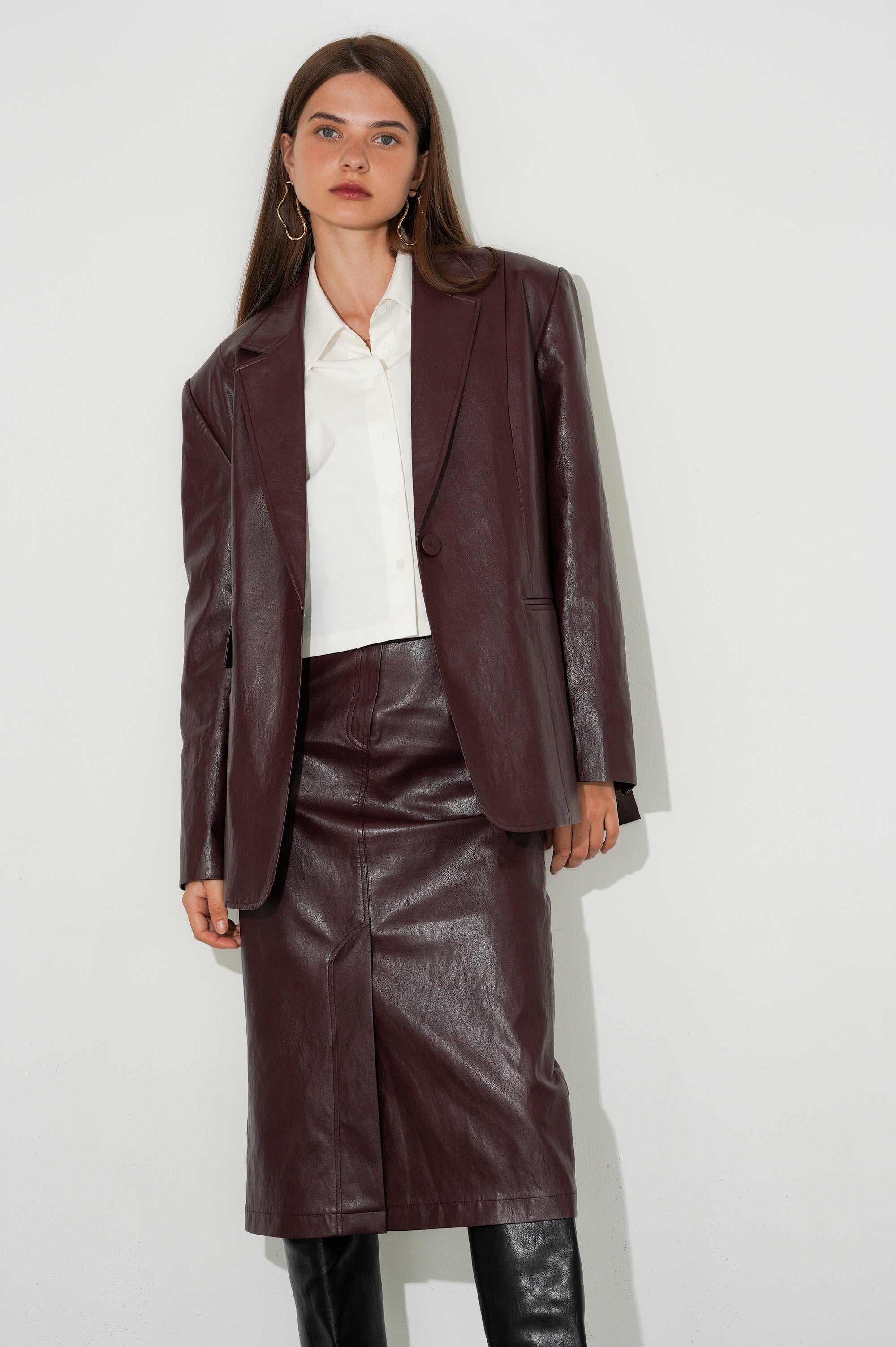 VESTE OVERSIZE CLASSIQUE EN SIMILI CUIR À BOUTON_BRUN ROUGE
