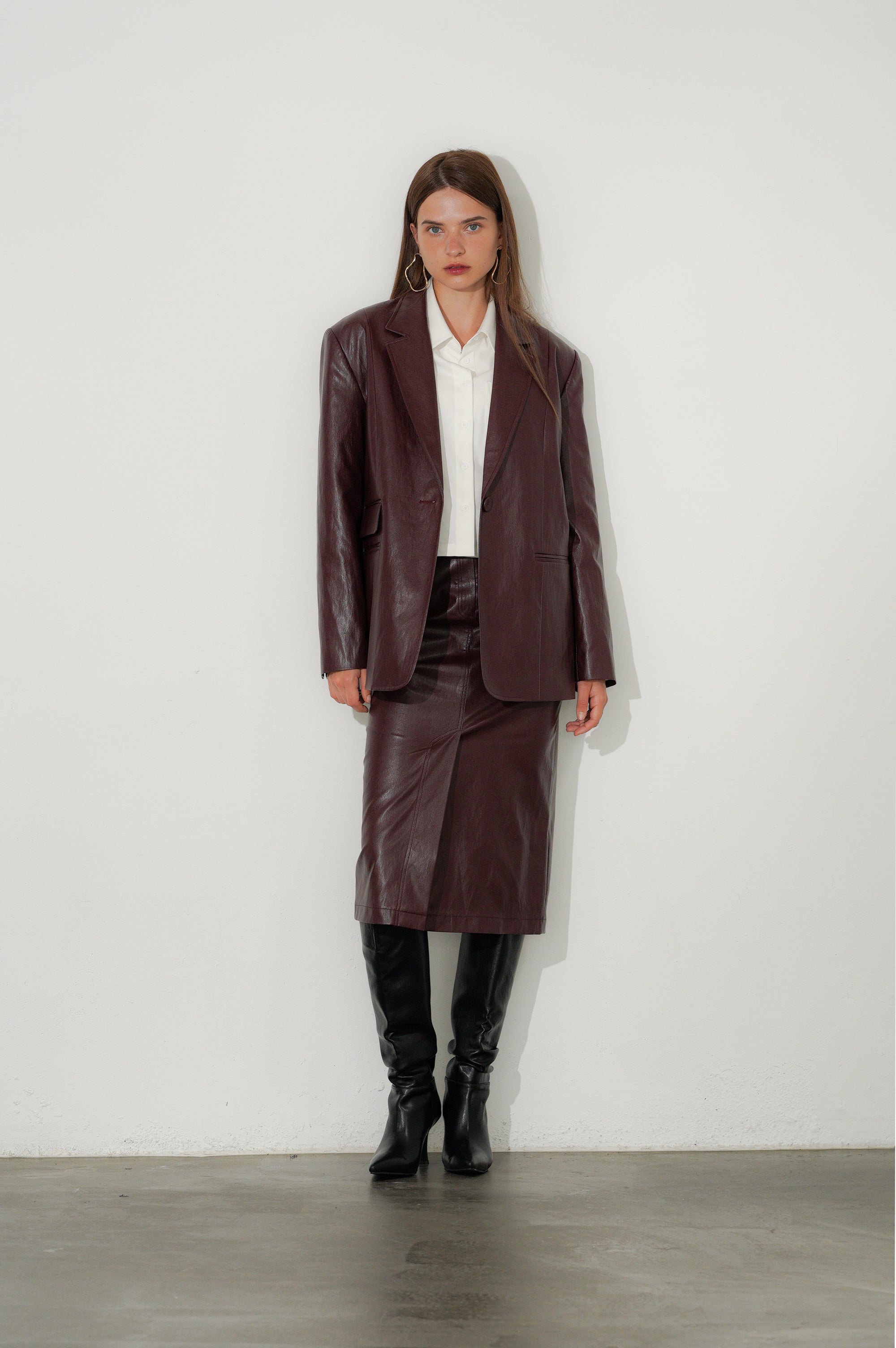 VESTE OVERSIZE CLASSIQUE EN SIMILI CUIR À BOUTON_BRUN ROUGE