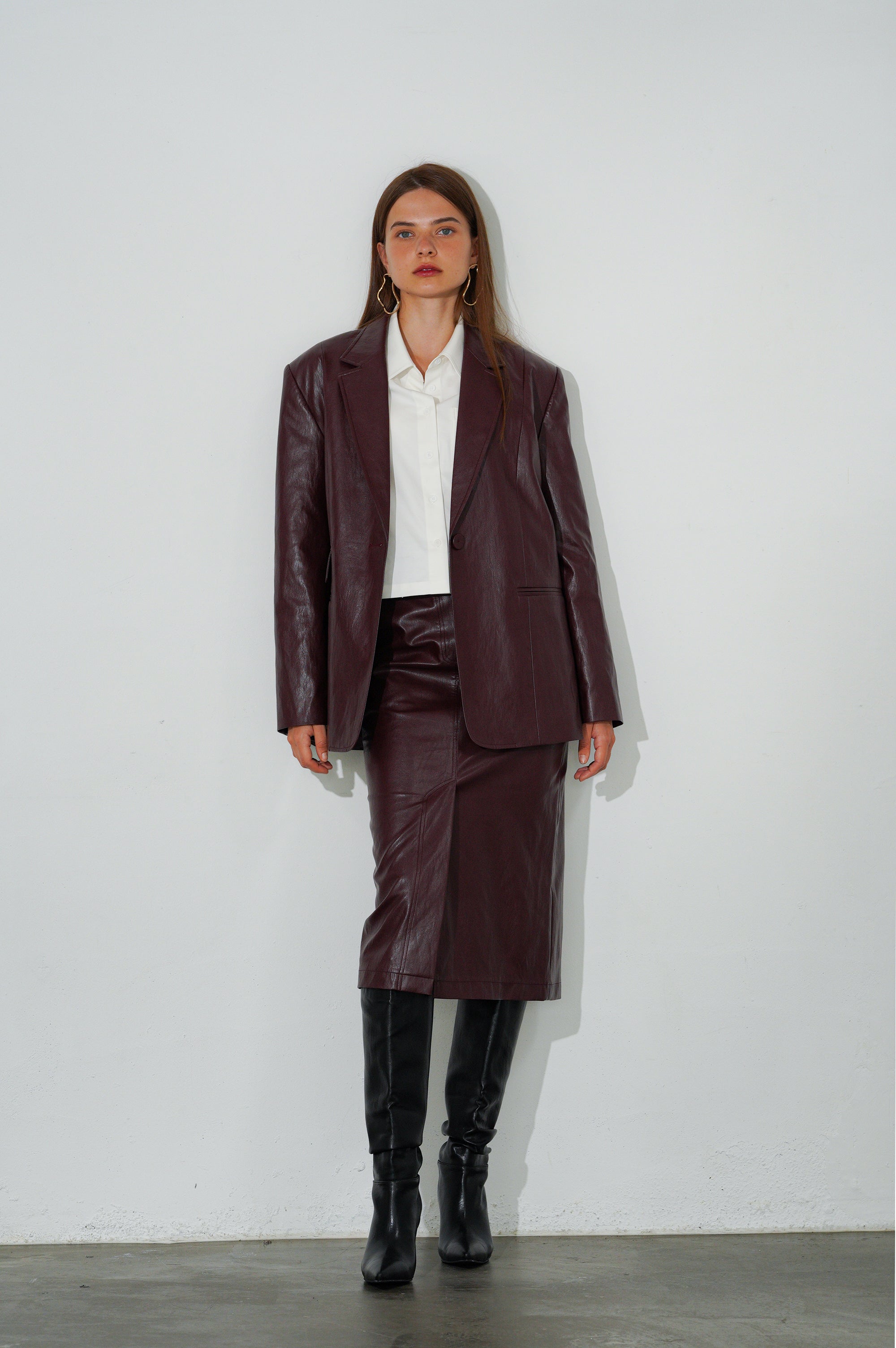 VESTE OVERSIZE CLASSIQUE EN SIMILI CUIR À BOUTON_BRUN ROUGE