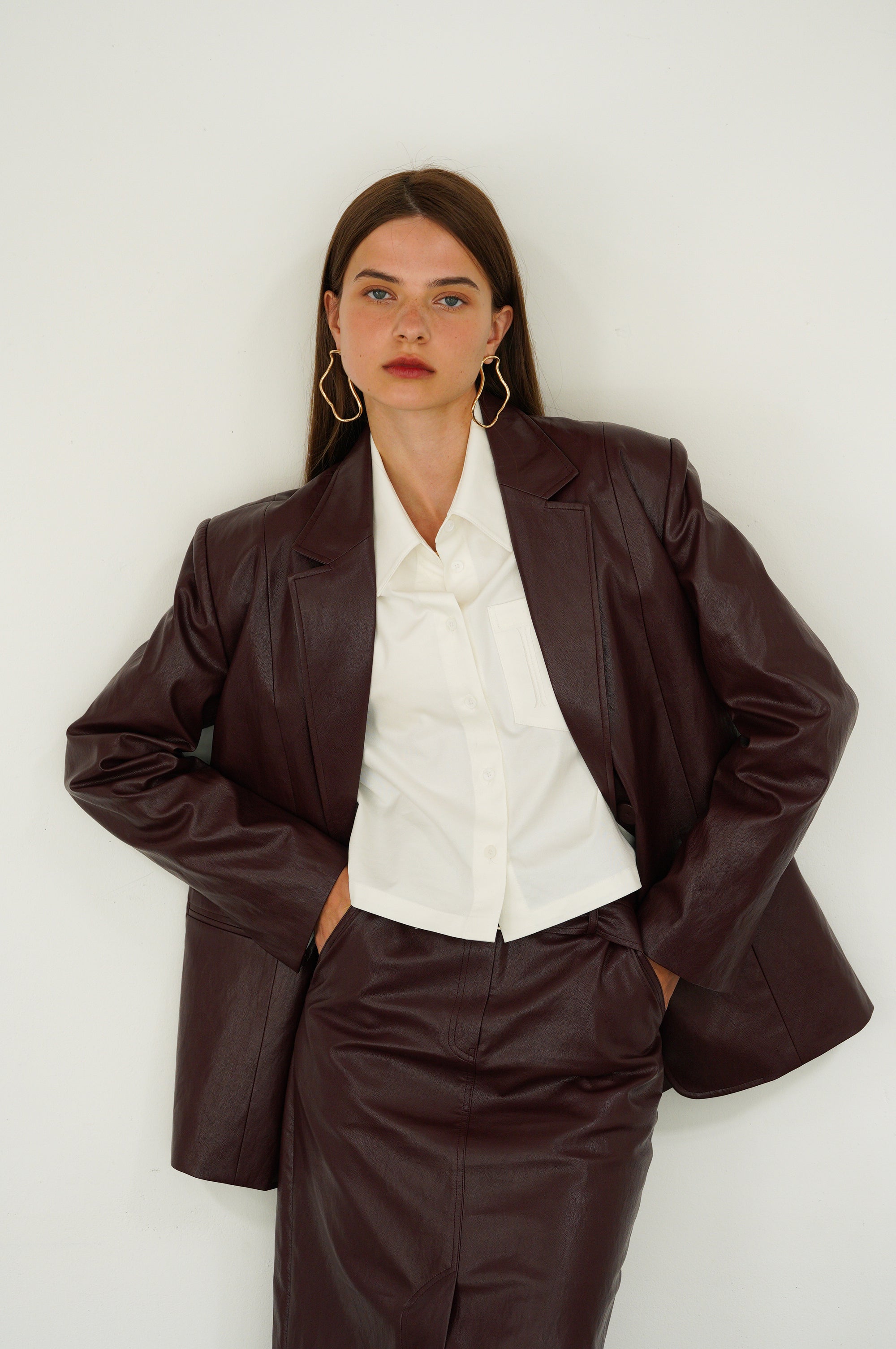 VESTE OVERSIZE CLASSIQUE EN SIMILI CUIR À BOUTON_BRUN ROUGE