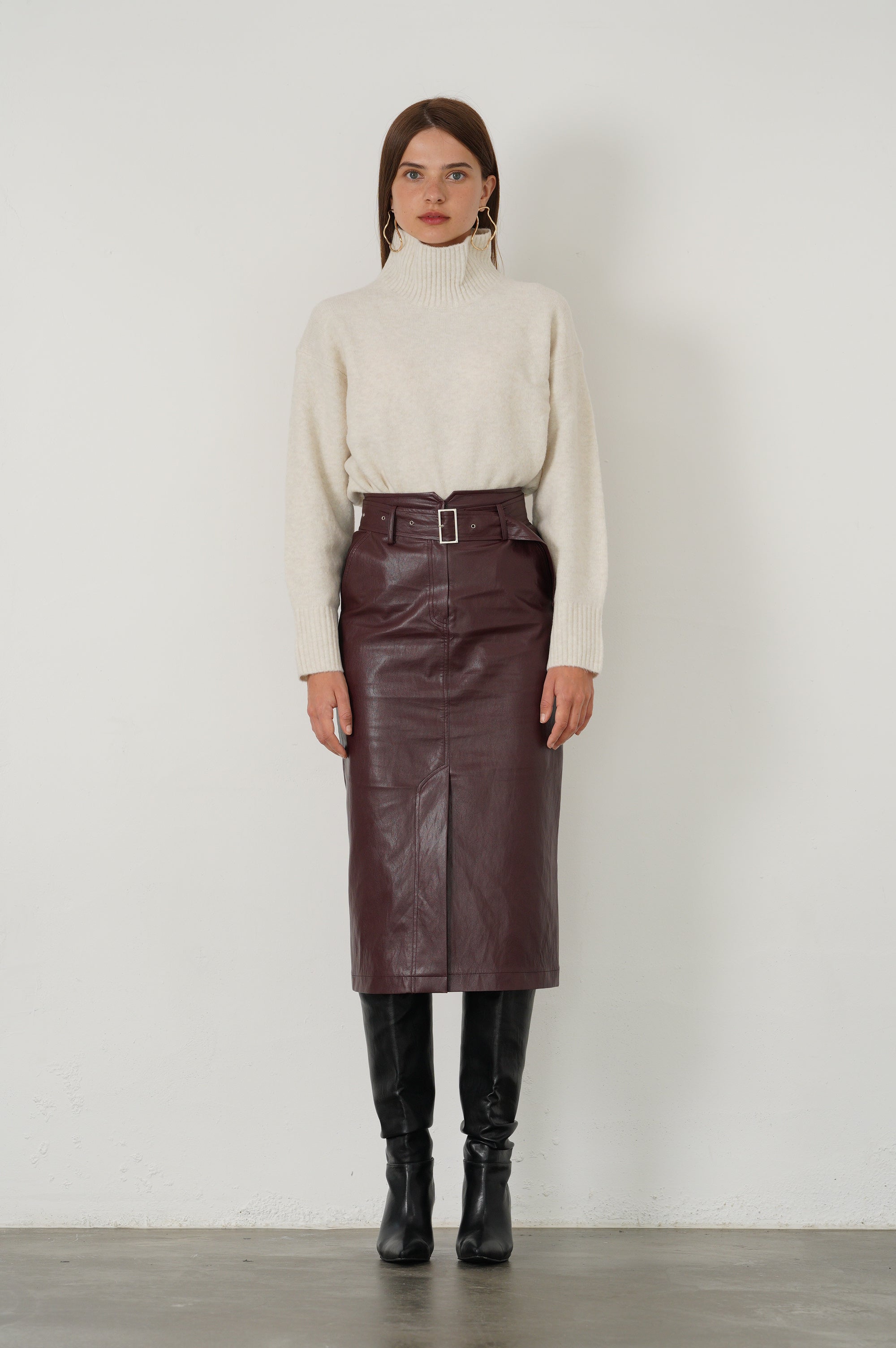 JUPE TAILLE HAUTE EN SIMILI CUIR_MARRON ROUGE