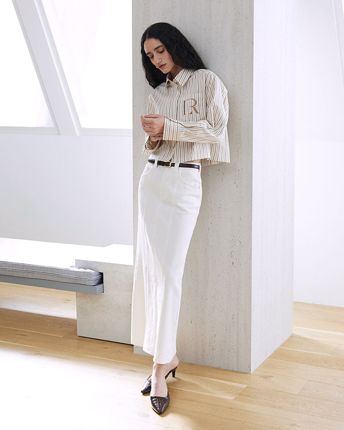 CHEMISE COURTE RAYÉE LOGO R_BEIGE
