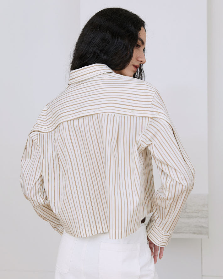 CHEMISE COURTE RAYÉE LOGO R_BEIGE