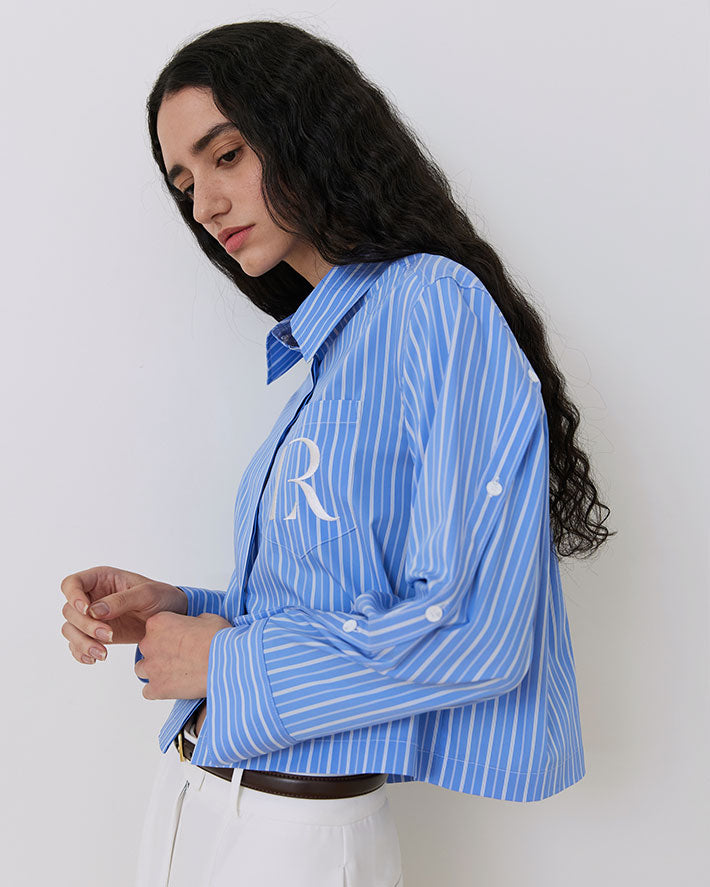 CHEMISE COURTE RAYÉE LOGO R_BLEU