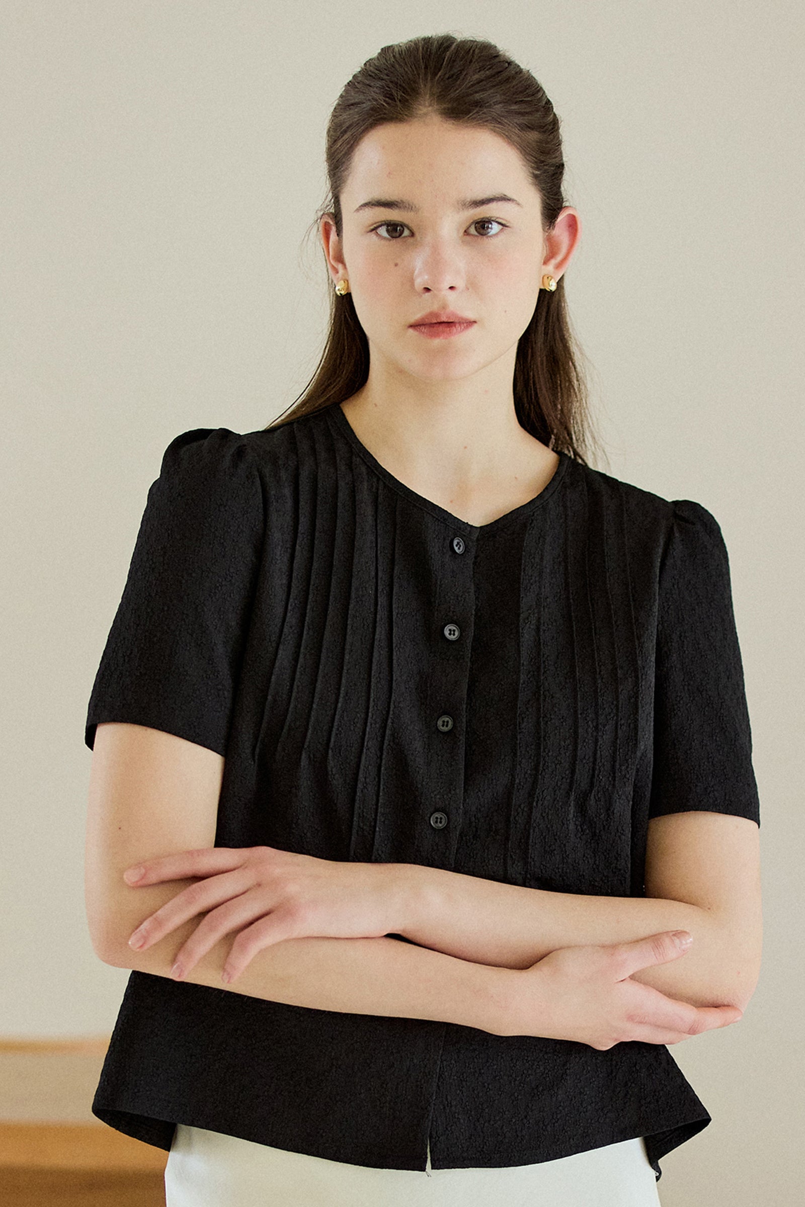 TUCKED FLOWER SHIRT_BLACK