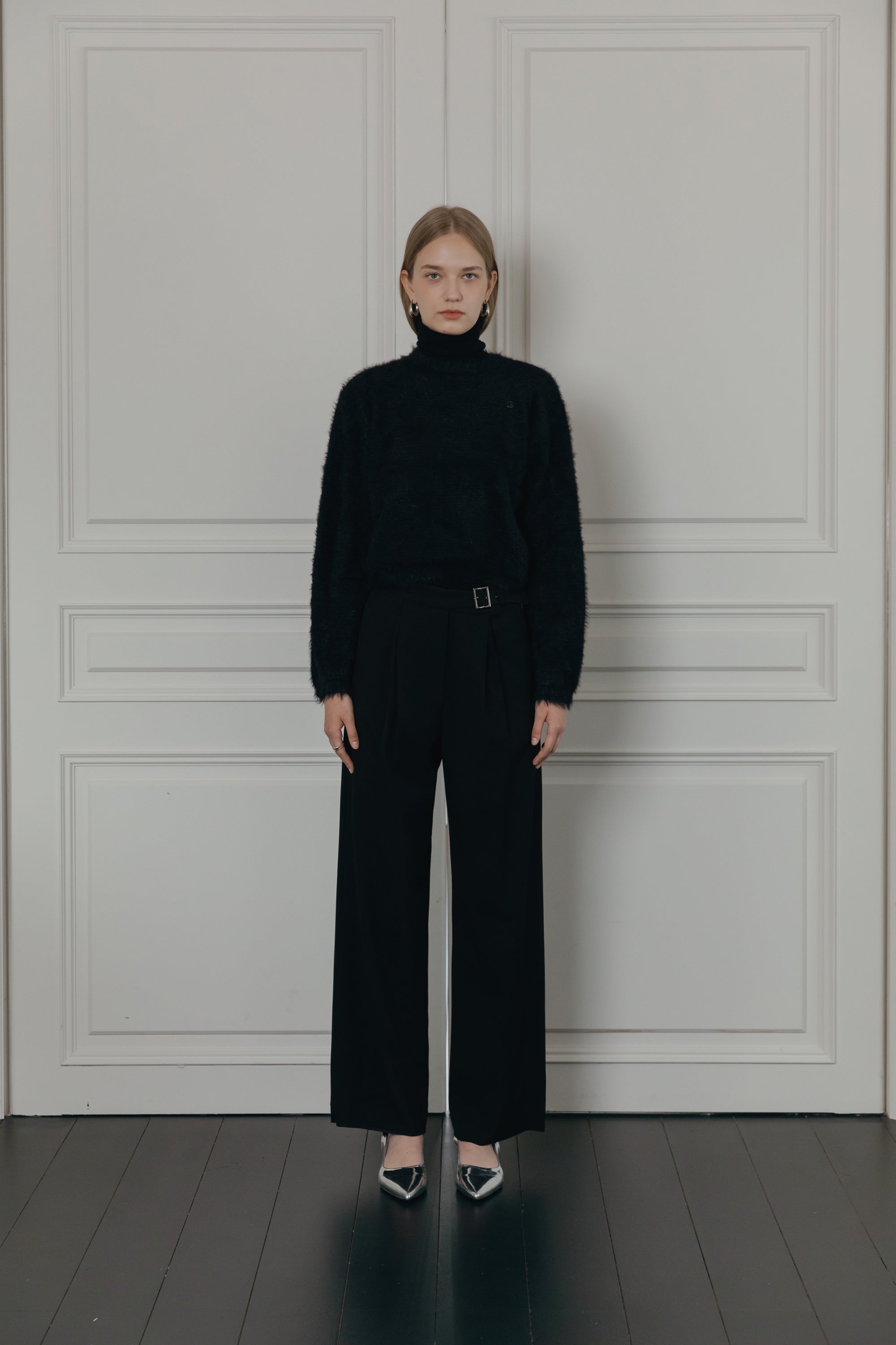 DOUBLE TUCK WIDE BELT SLACKS_BLACK