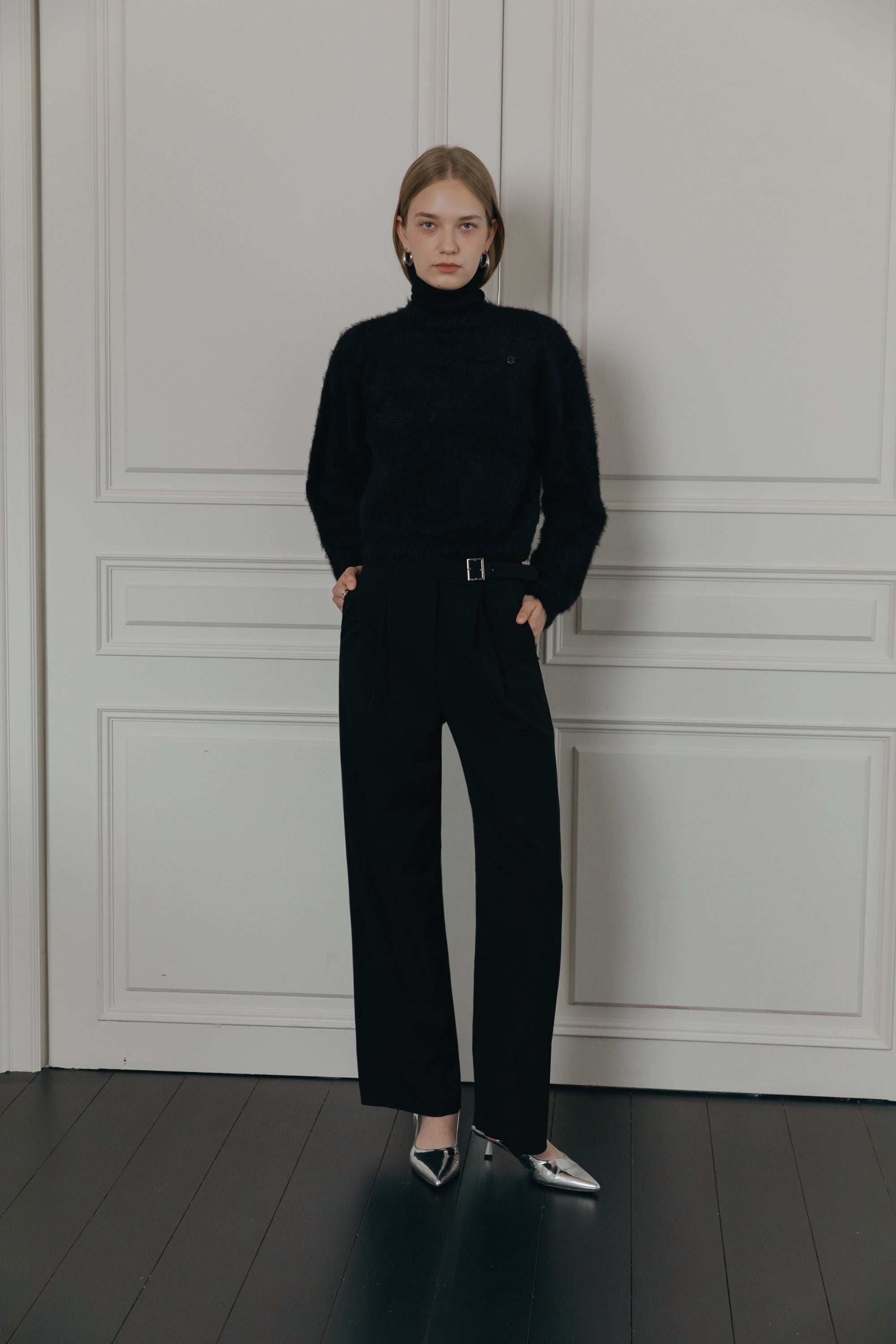 DOUBLE TUCK WIDE BELT SLACKS_BLACK