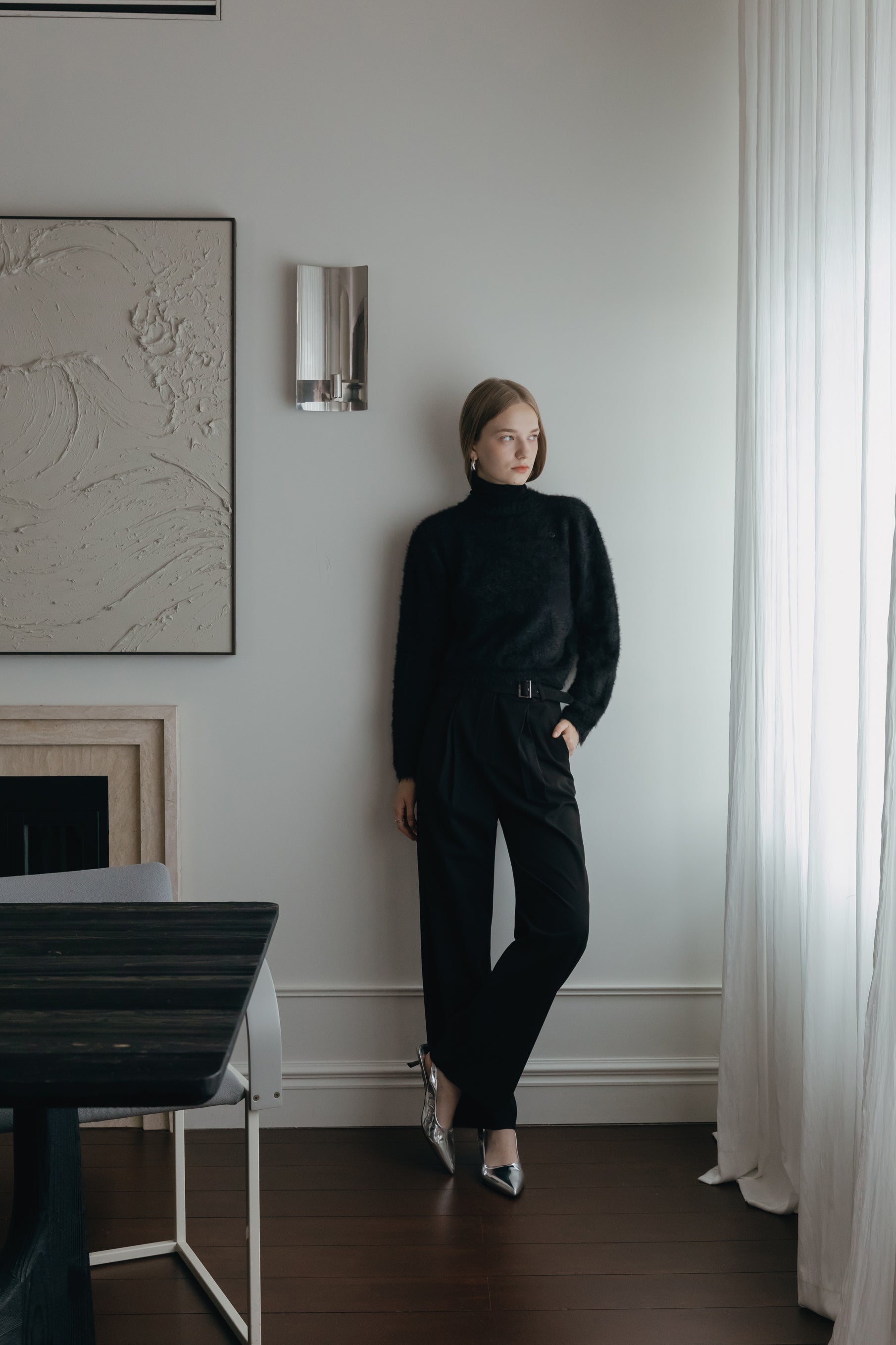 DOUBLE TUCK WIDE BELT SLACKS_BLACK