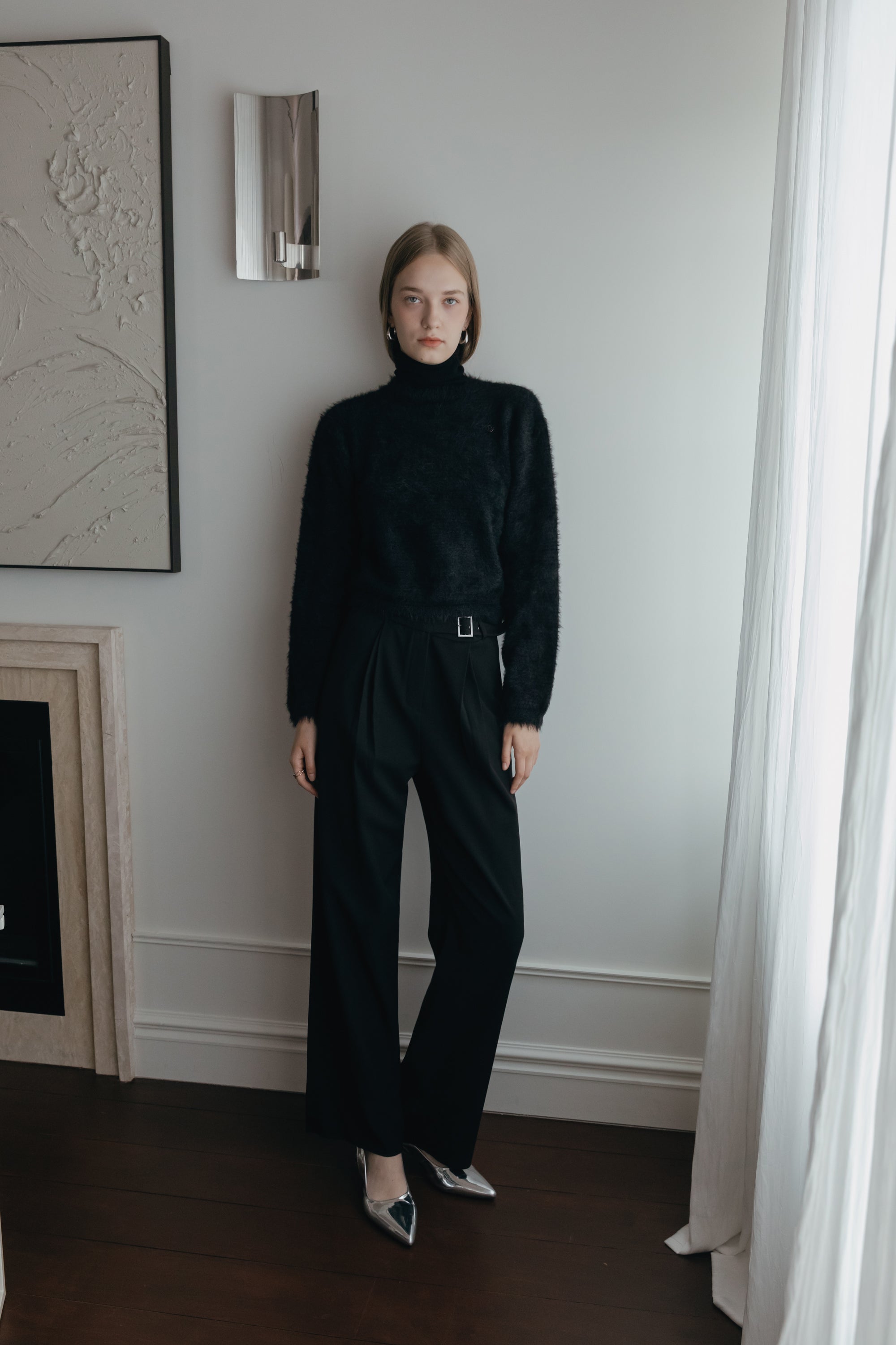 DOUBLE TUCK WIDE BELT SLACKS_BLACK