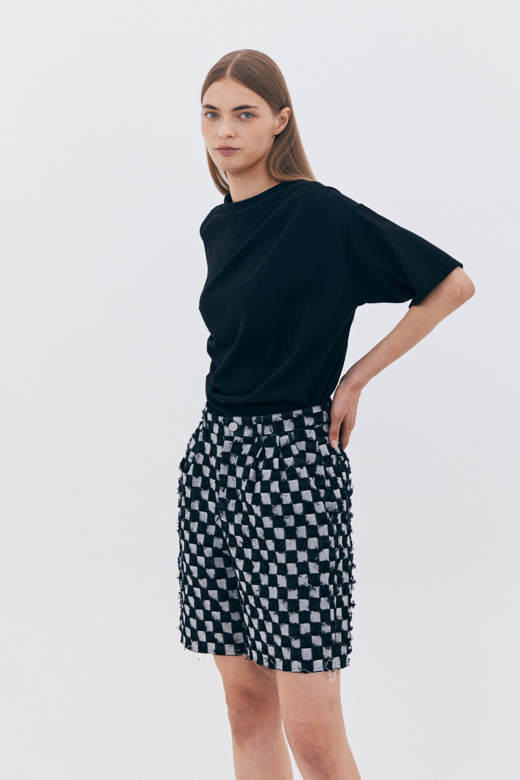 BLOCK DENIM HALF PANTS_BLACK