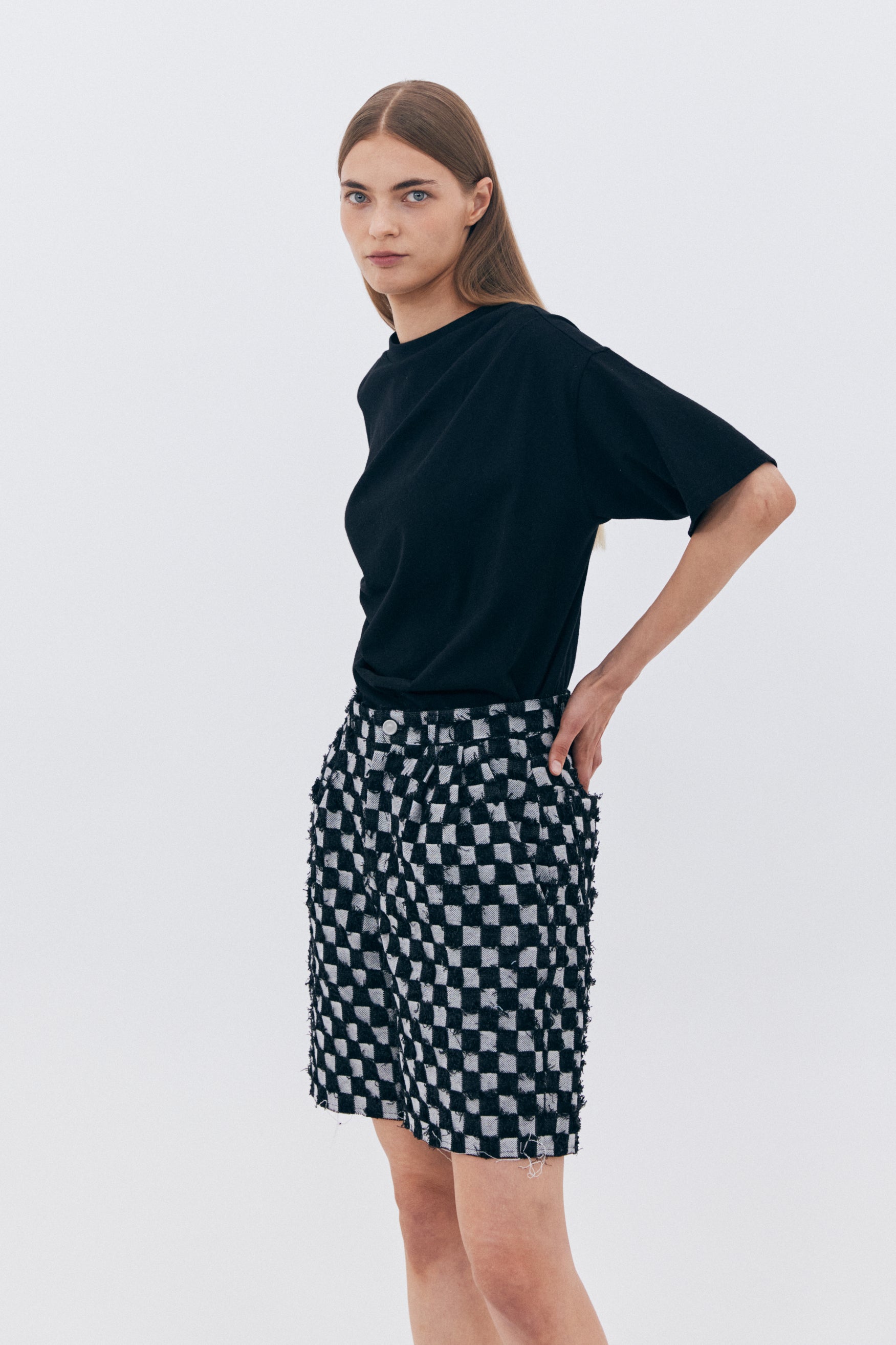BLOCK DENIM HALF PANTS_BLACK