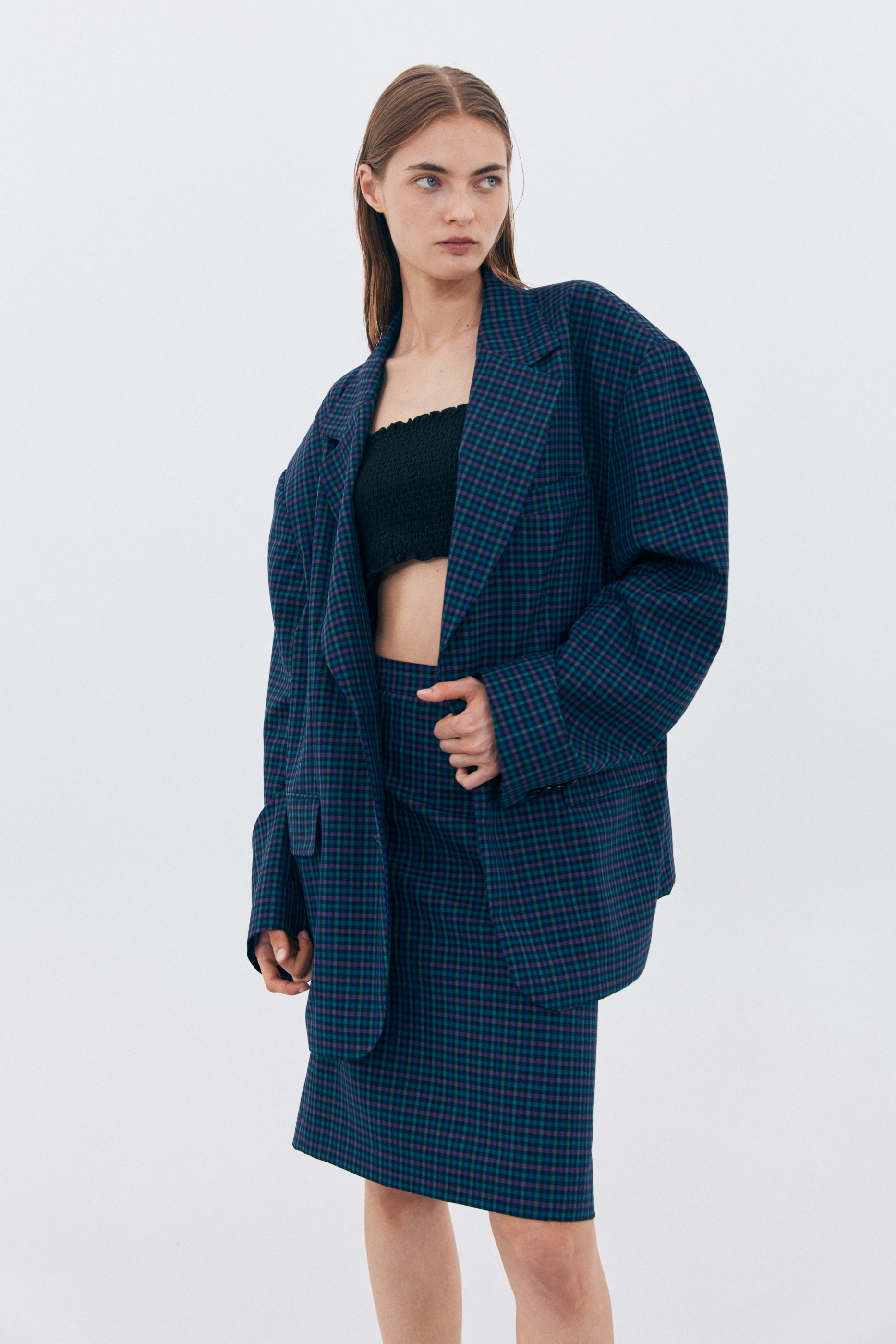 BLAZER OVERSIZE À CARREAUX_BLEU MARINE