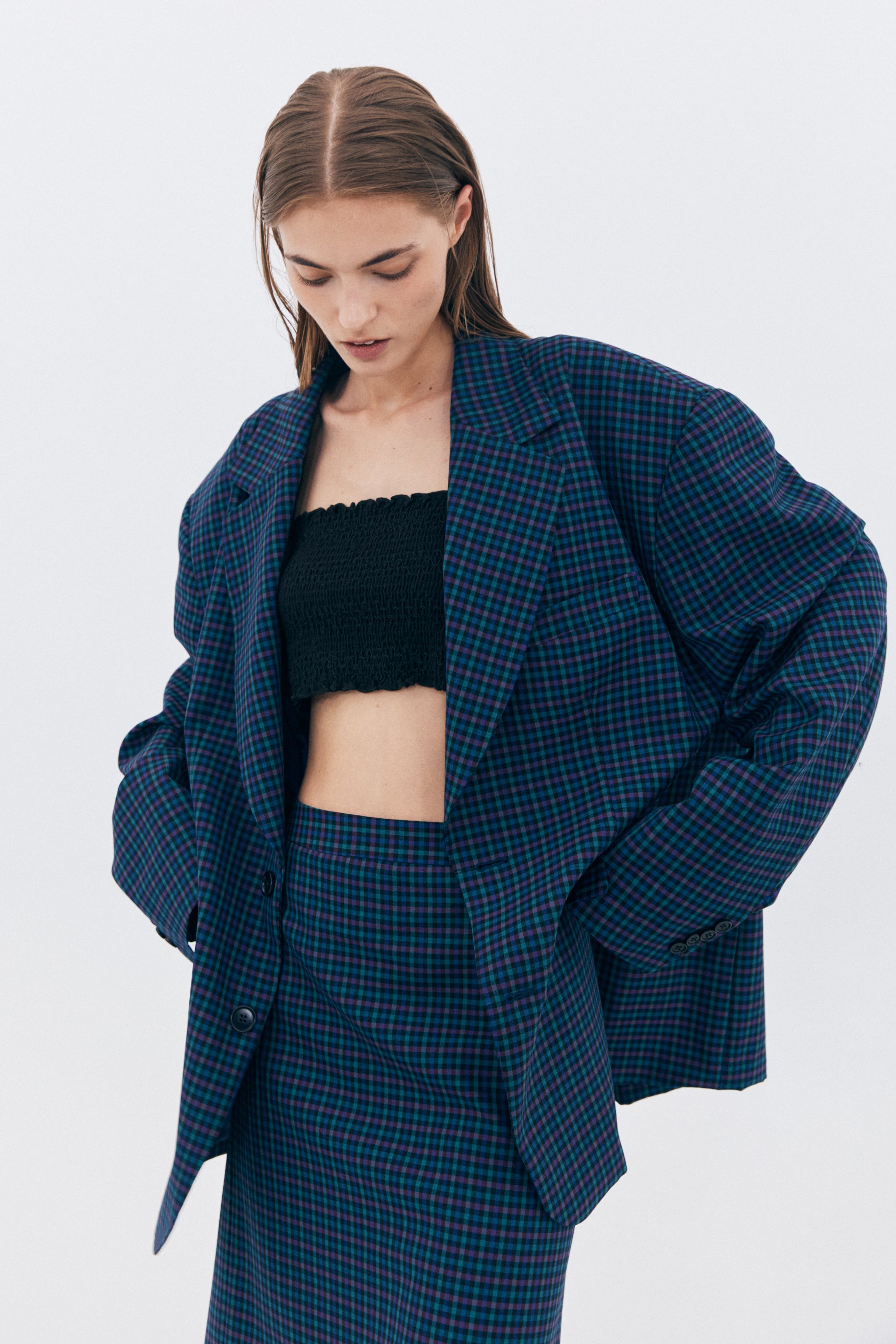 BLAZER OVERSIZE À CARREAUX_BLEU MARINE