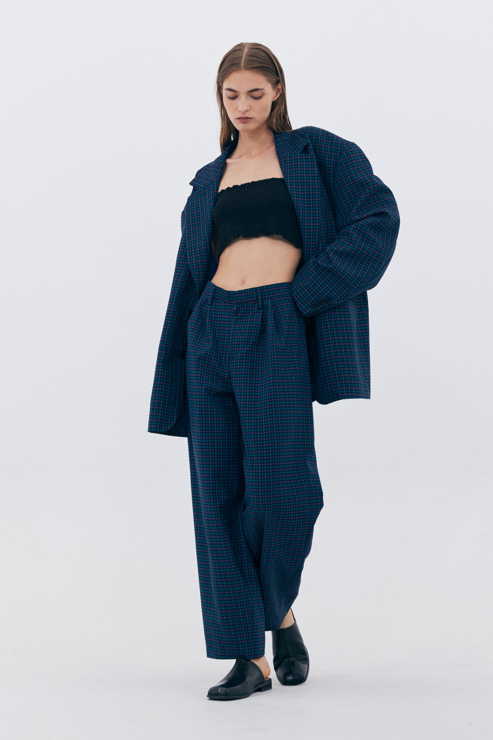 CHECKERED TWO TUCK TROUSERS_NAVY