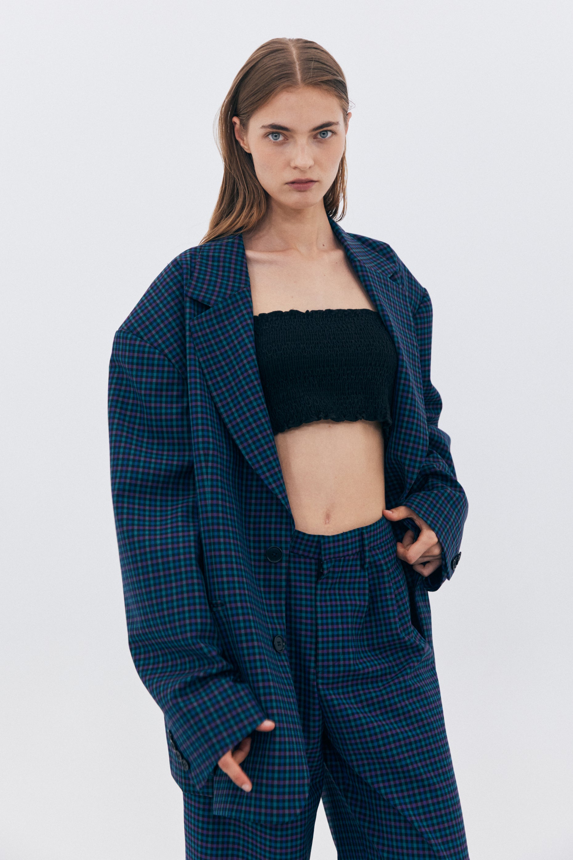 CHECKERED TWO TUCK TROUSERS_NAVY