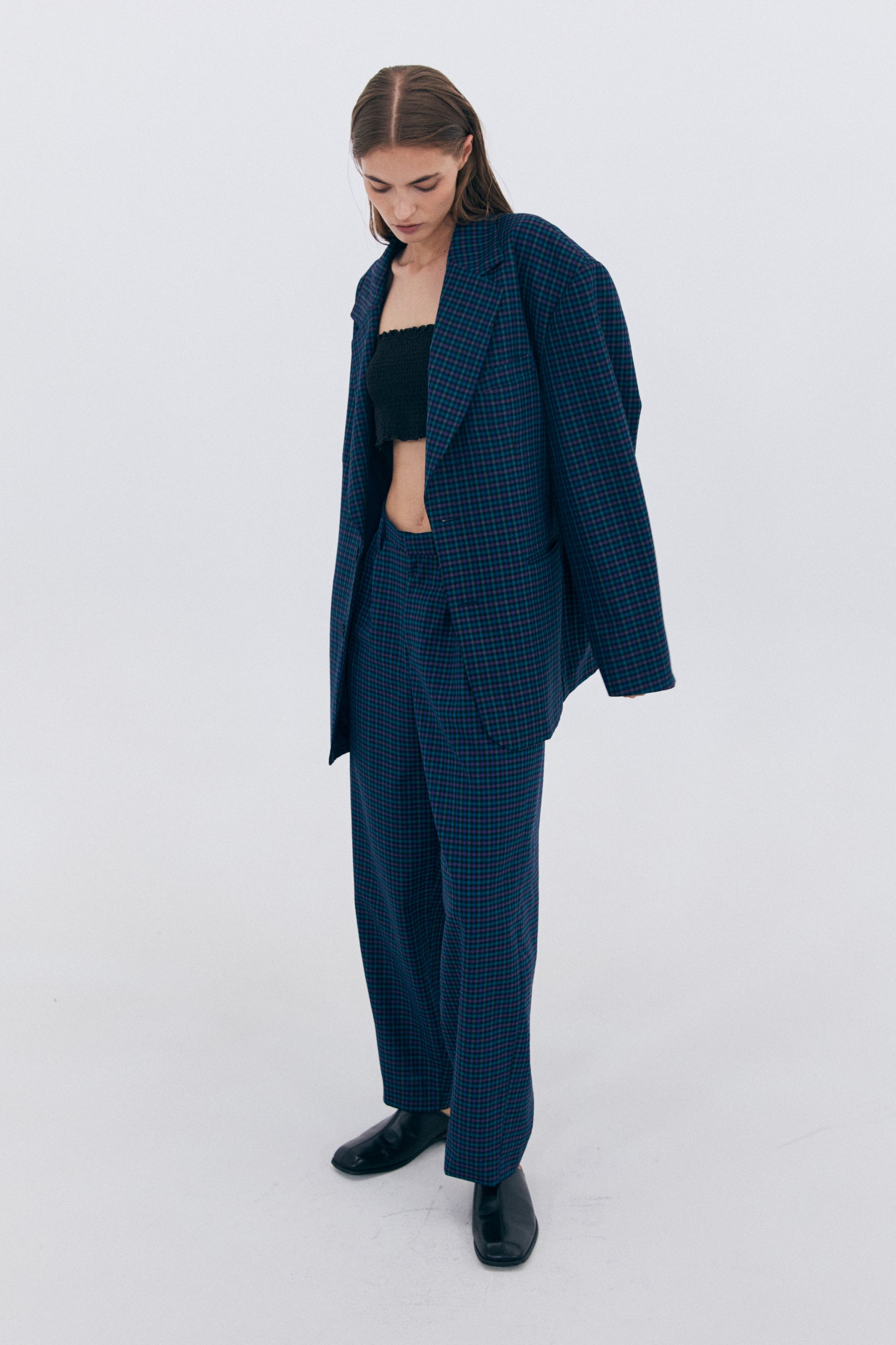 CHECKERED TWO TUCK TROUSERS_NAVY