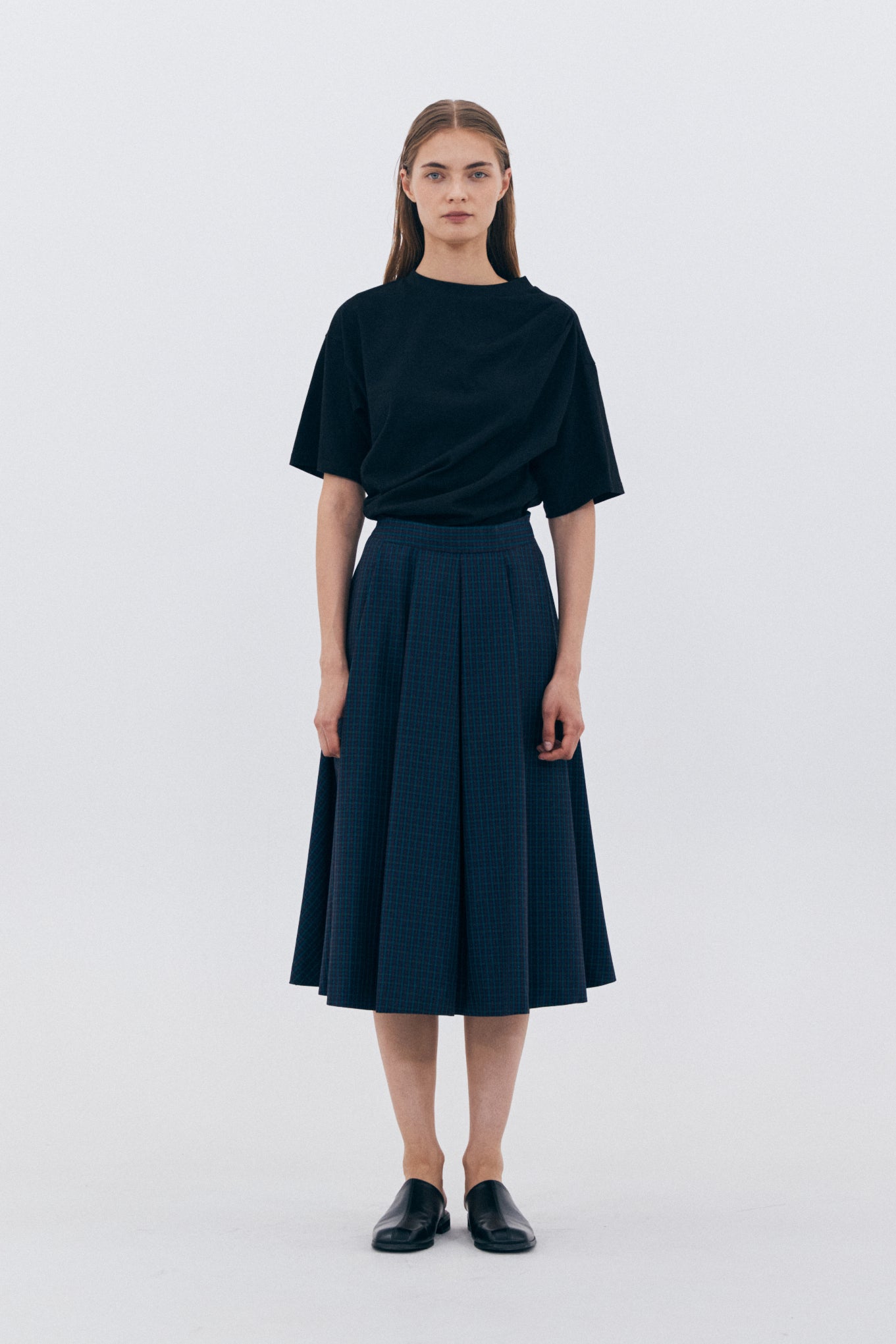 CHECKED FLARE SKIRT_NAVY