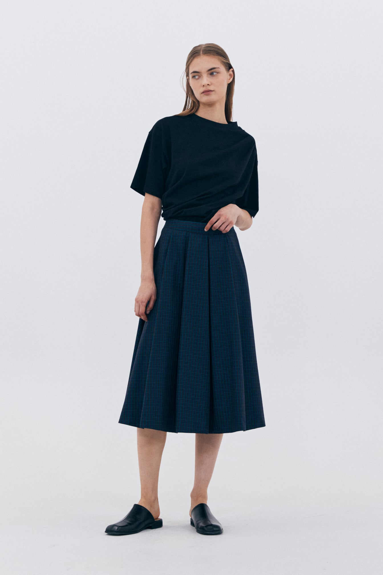 CHECKED FLARE SKIRT_NAVY