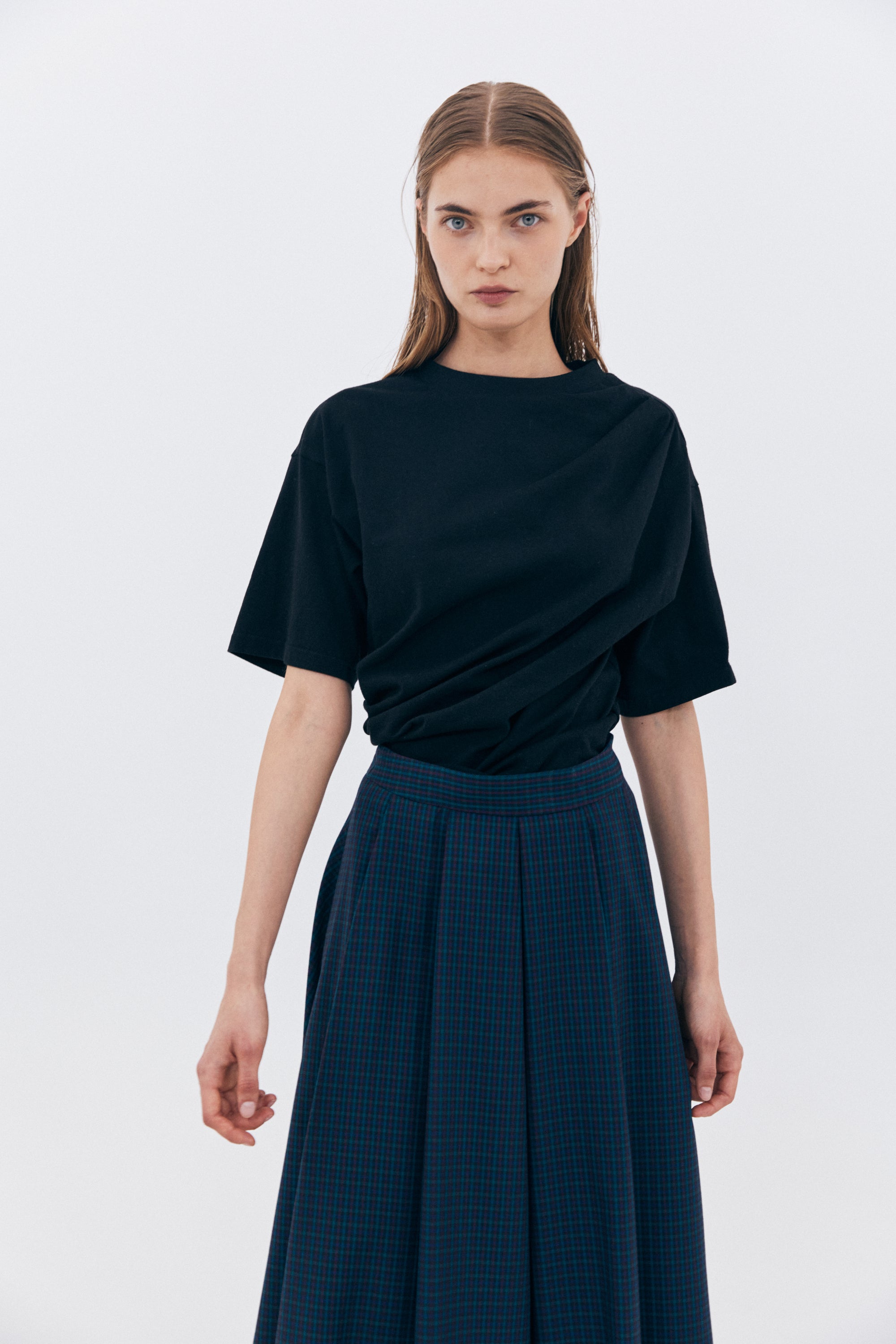 CHECKED FLARE SKIRT_NAVY