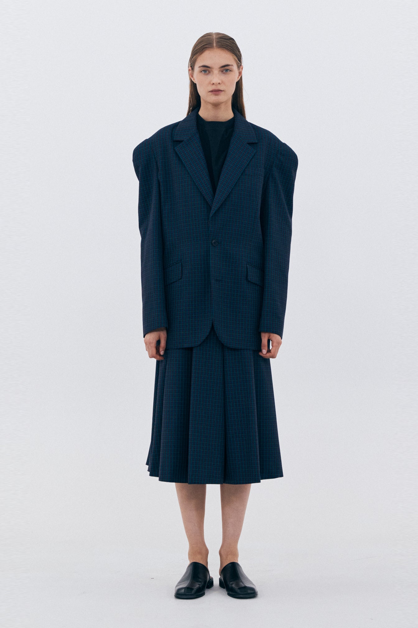 BLAZER ÉPAULES LARGES À CARREAUX_BLEU MARINE
