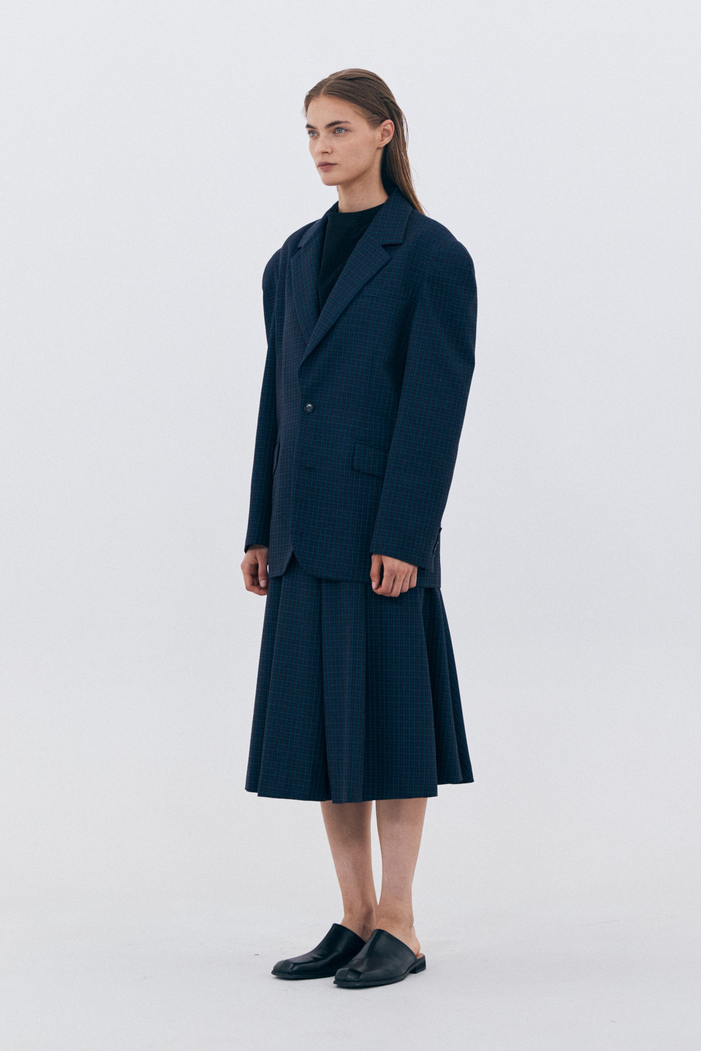 BLAZER ÉPAULES LARGES À CARREAUX_BLEU MARINE