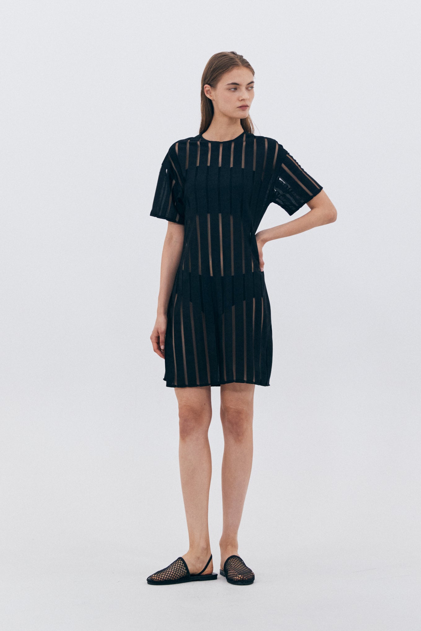 MESH STRIPE DRESS_BLACK