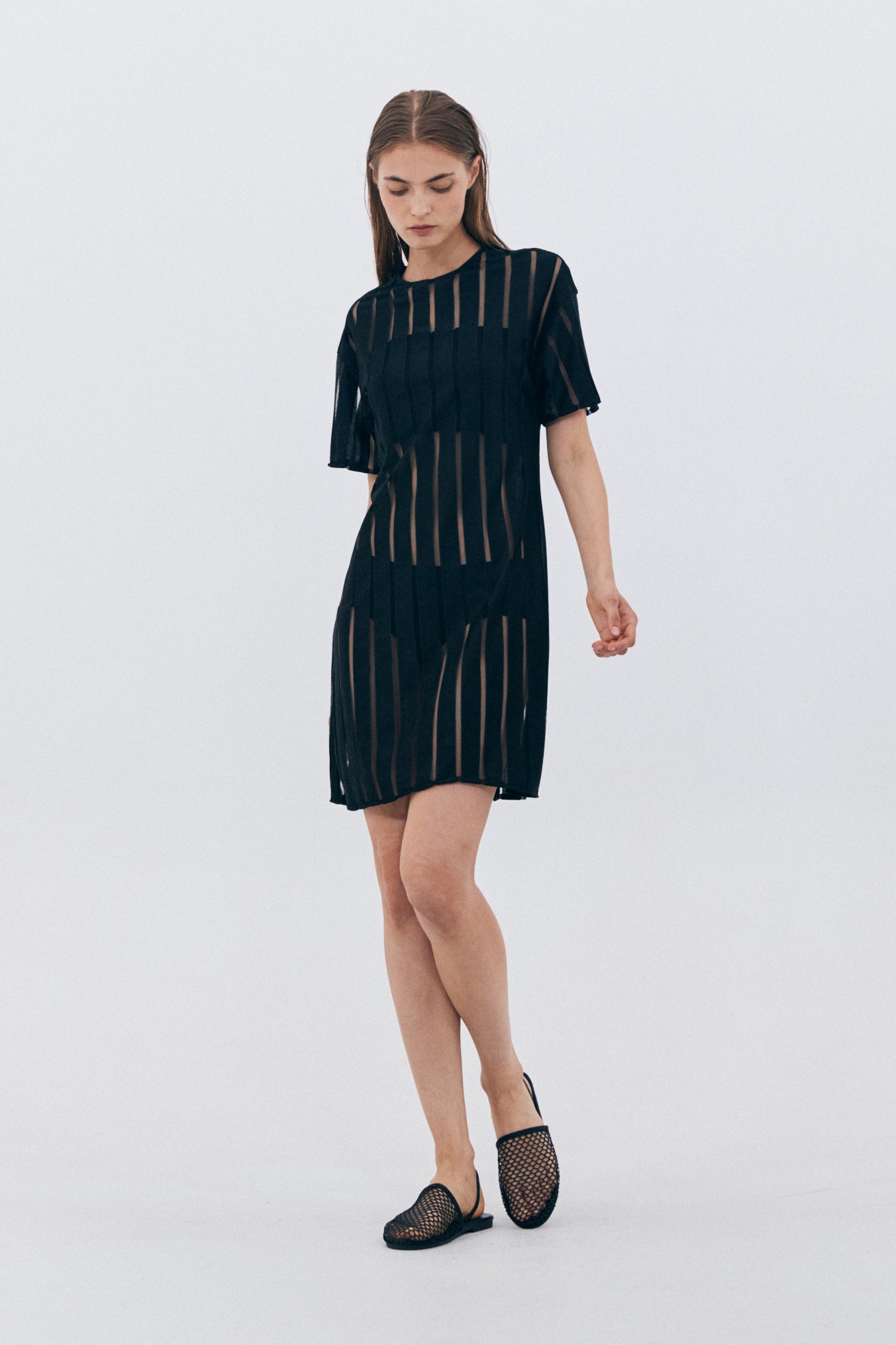 MESH STRIPE DRESS_BLACK