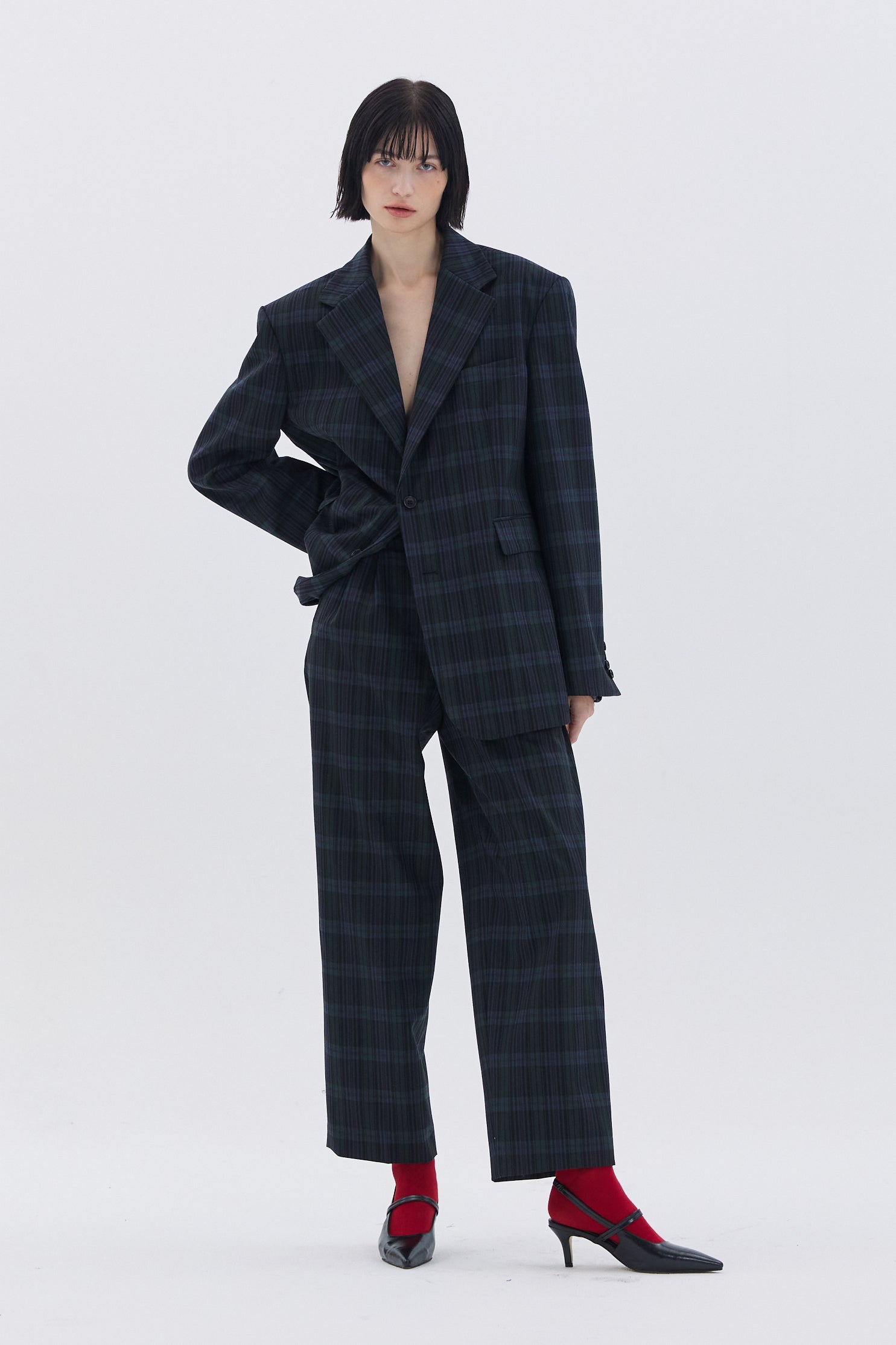 CHECKERED TWO TUCK TROUSERS_GREEN CHECK
