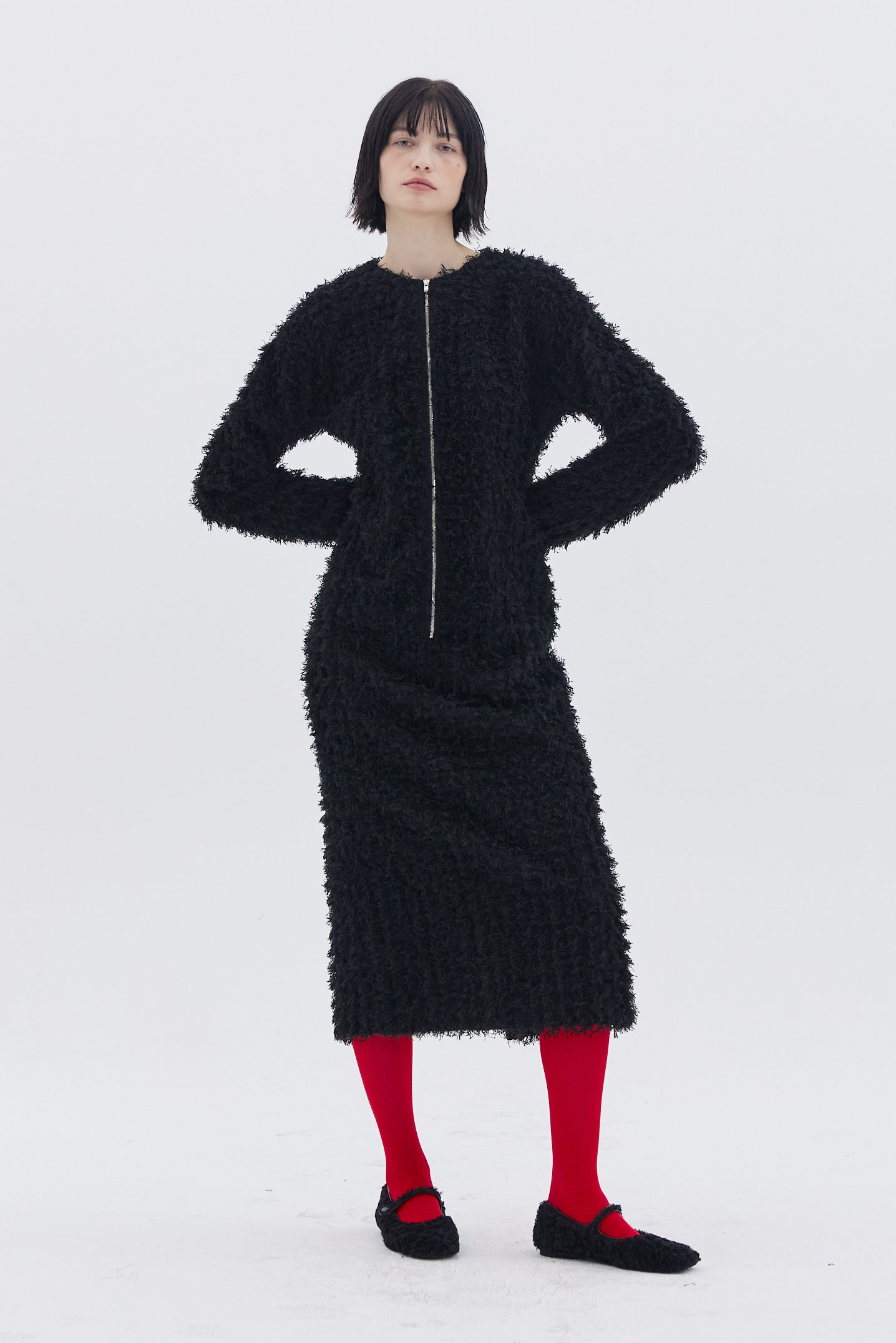 HAIRY BLACK FRONT ZIPPER DRESS_BLACK