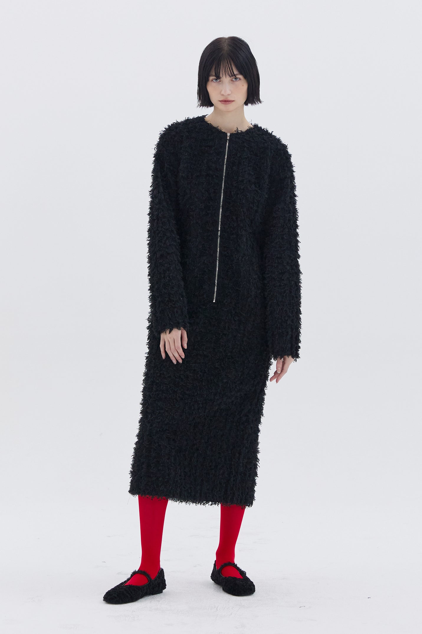 HAIRY BLACK FRONT ZIPPER DRESS_BLACK