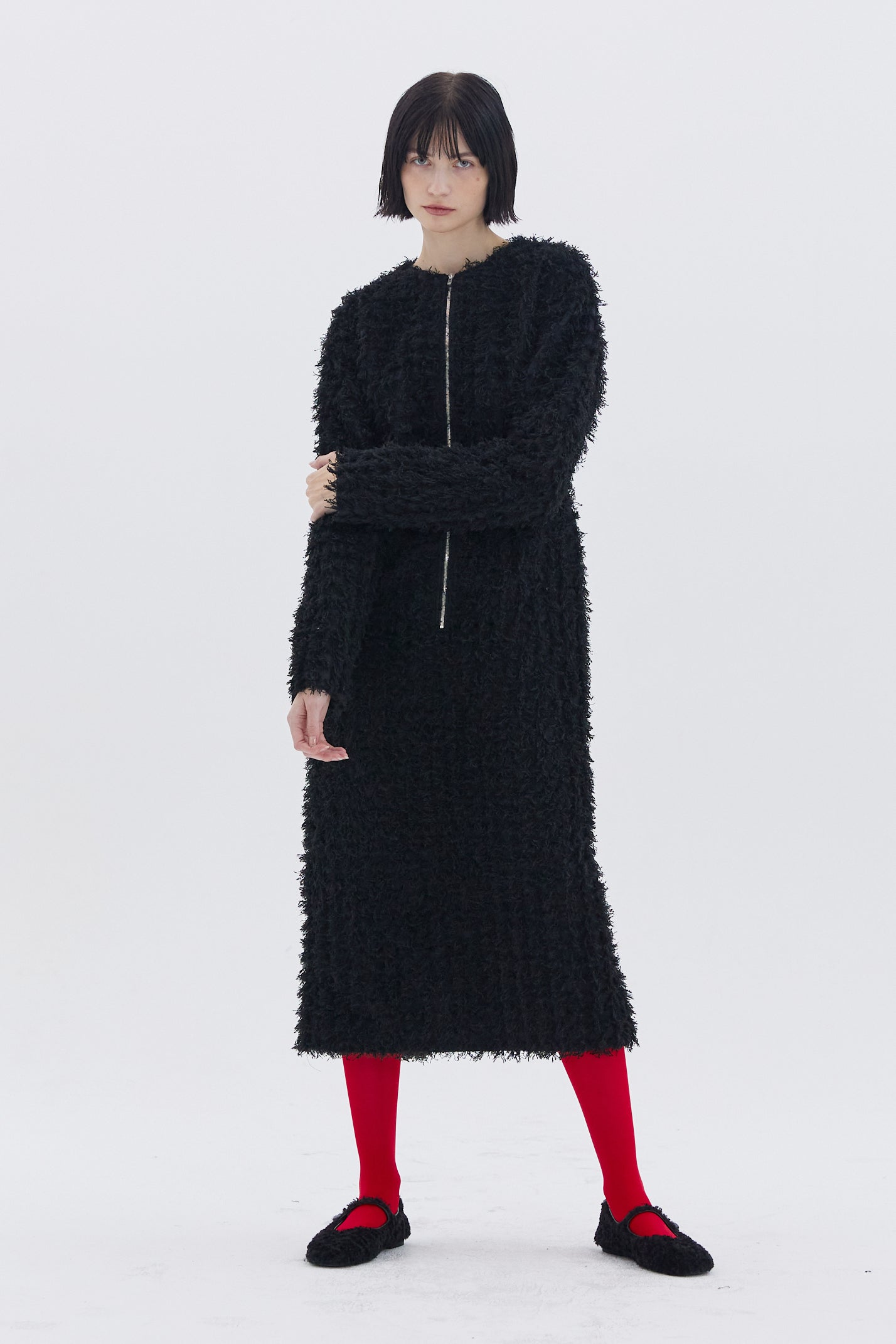 HAIRY BLACK FRONT ZIPPER DRESS_BLACK