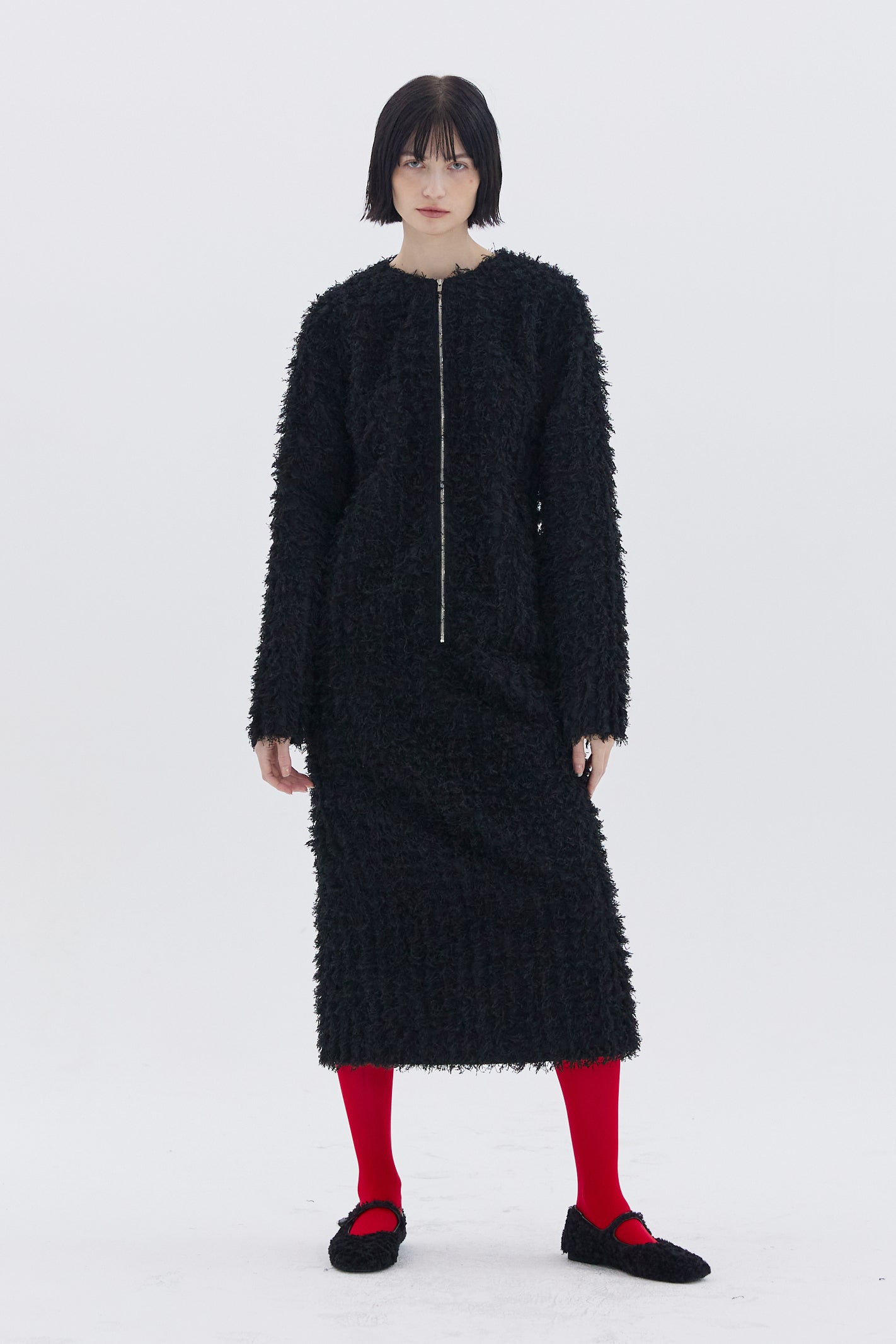 HAIRY BLACK FRONT ZIPPER DRESS_BLACK
