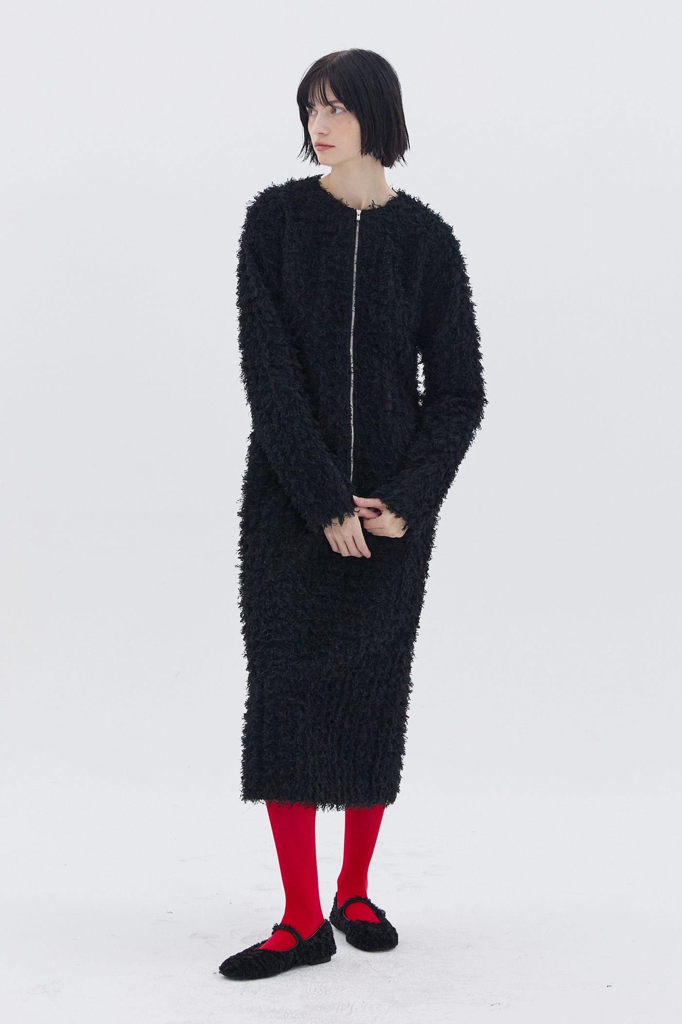 HAIRY BLACK FRONT ZIPPER DRESS_BLACK