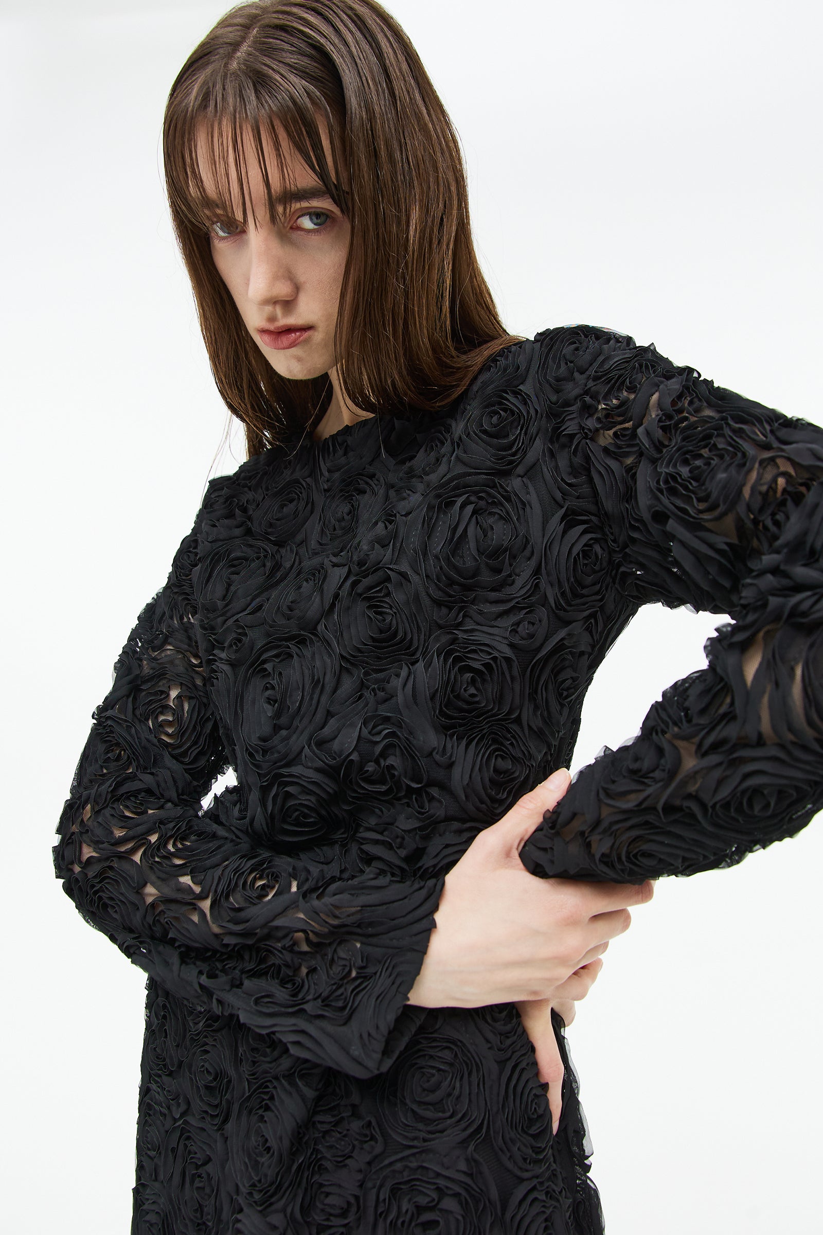 ROSE CORSAGE LONG DRESS_BLACK