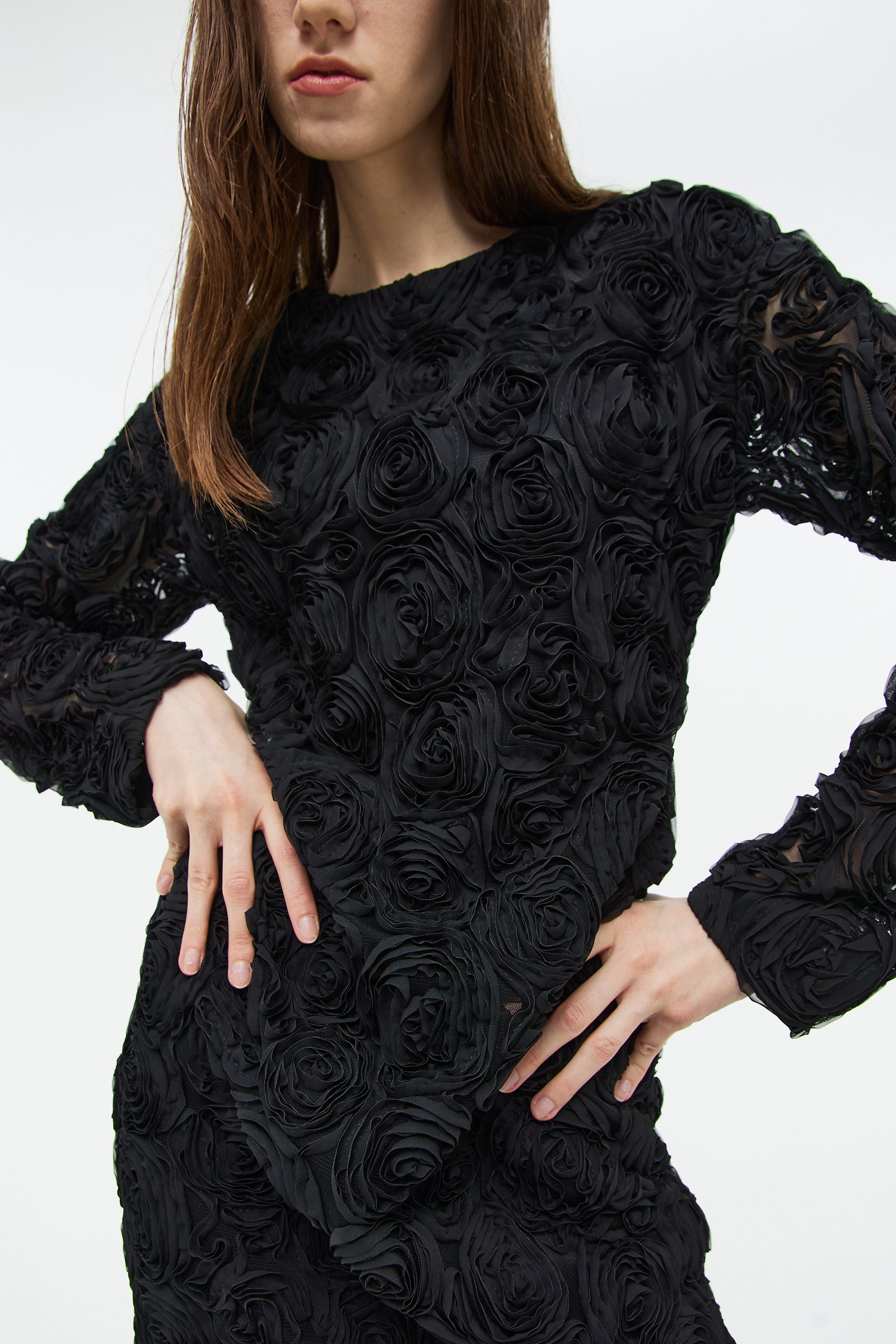 ROSE CORSAGE LONG DRESS_BLACK