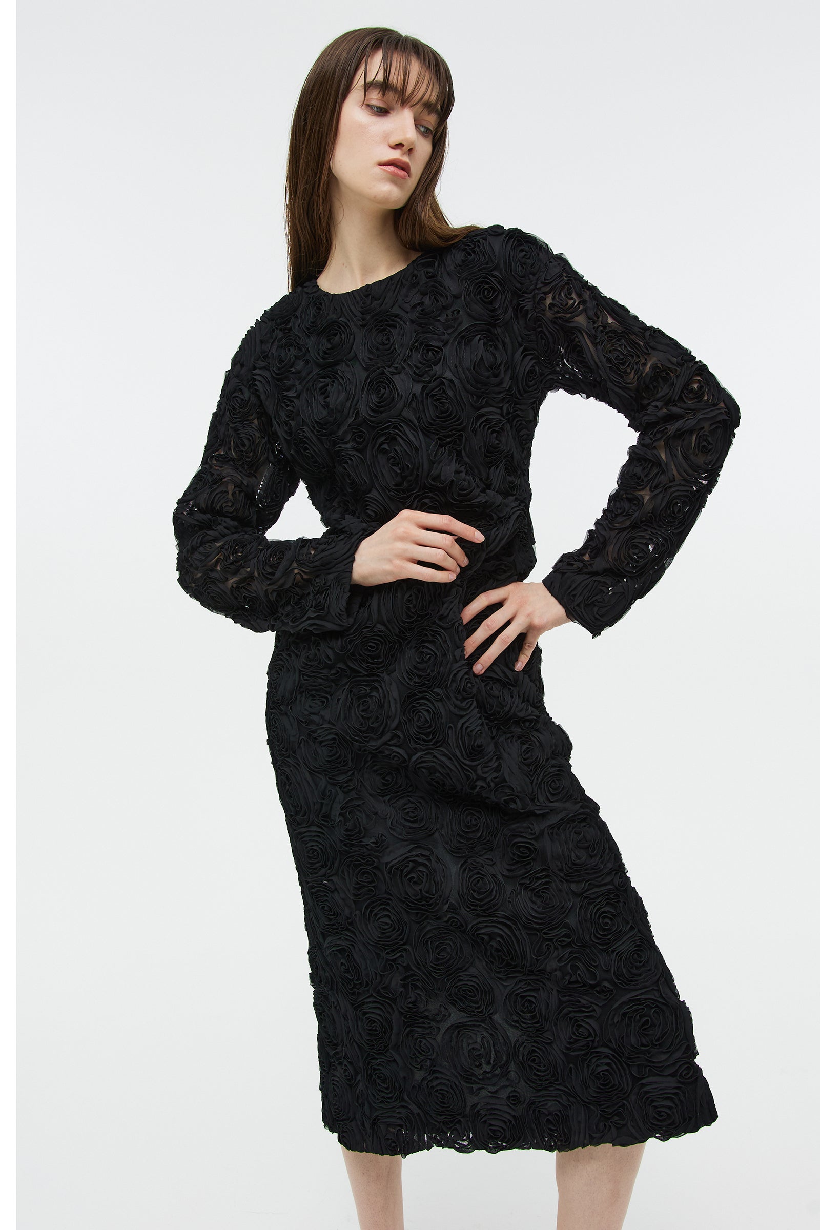 ROSE CORSAGE LONG DRESS_BLACK