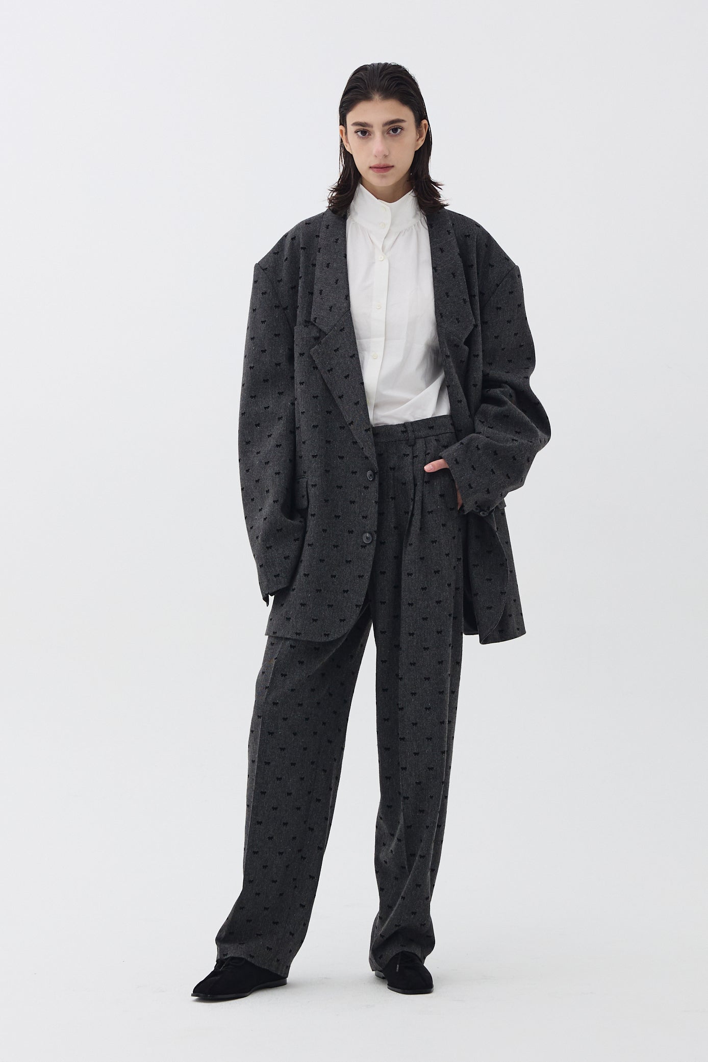 RIBBON LONG-LAPEL OVERSIZED JACKET_GREY
