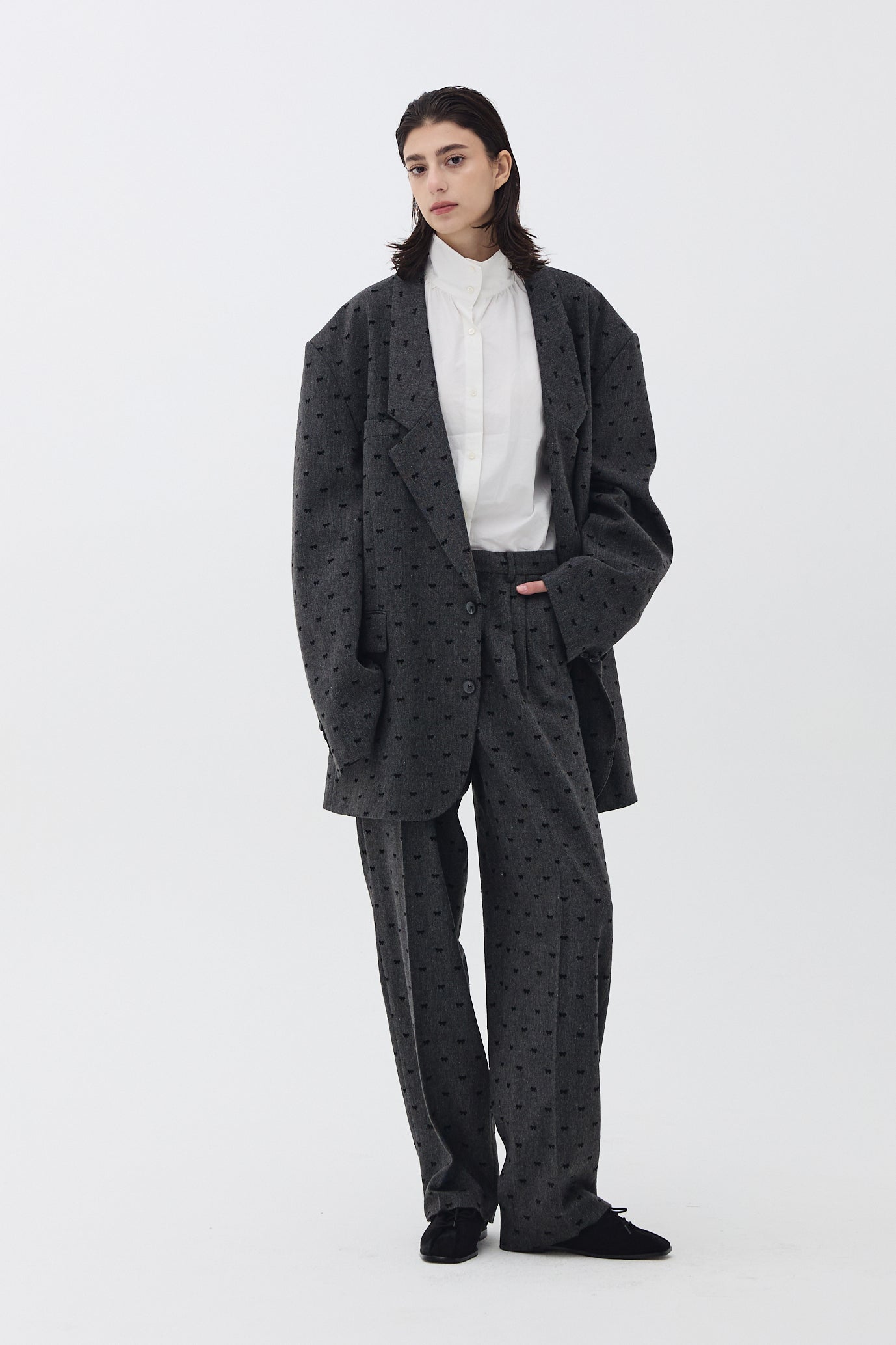 RIBBON LONG-LAPEL OVERSIZED JACKET_GREY