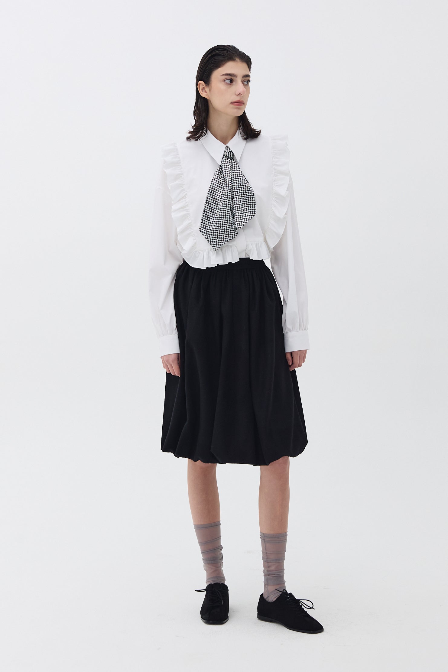 WOOL SHIRRED VOLUME SKIRT_BLACK