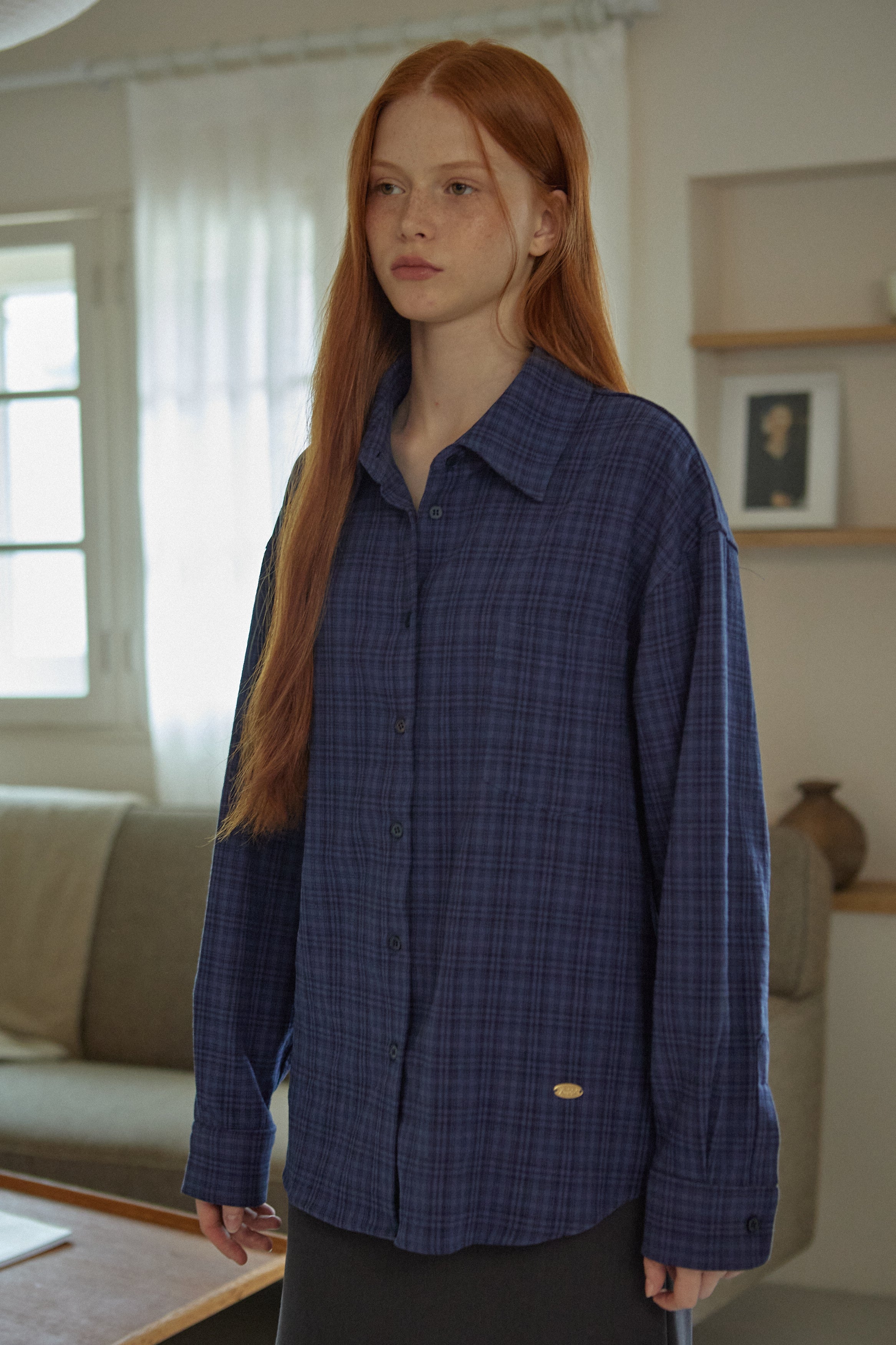 CHEMISE À CARREAUX EN COTON_BLEU MARINE